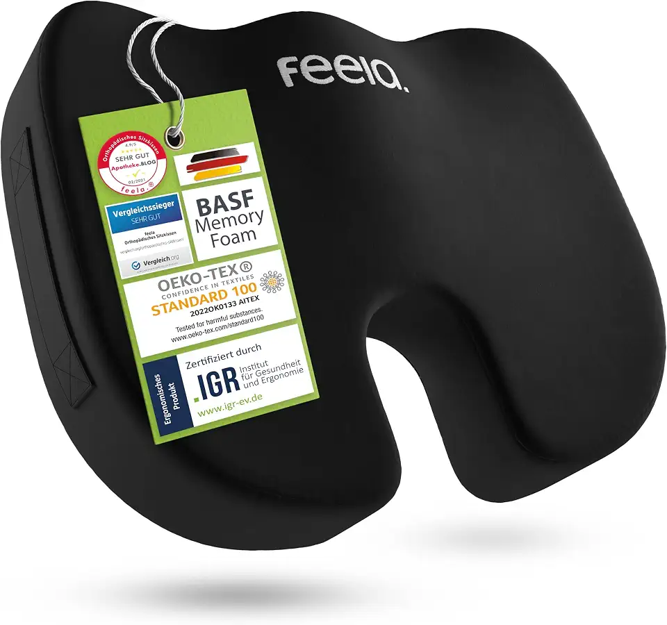 feela.® Orthopädisches Sitzkissen [3 Härtegrade] TESTSIEGER – Ergonomisches Sitzkissen für Bürostuhl & Auto – Schmerzlindernd, Steißbein entlastend, Sitzkomfort & Durchblutung fördernd (Medium)