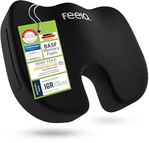 feela.® Orthopädisches Sitzkissen [3 Härtegrade] TESTSIEGER – Ergonomisches Sitzkissen für Bürostuhl & Auto – Schmerzlindernd, Steißbein entlastend, Sitzkomfort & Durchblutung fördernd (Medium) - Medium (60-100 kg) - Schwarz