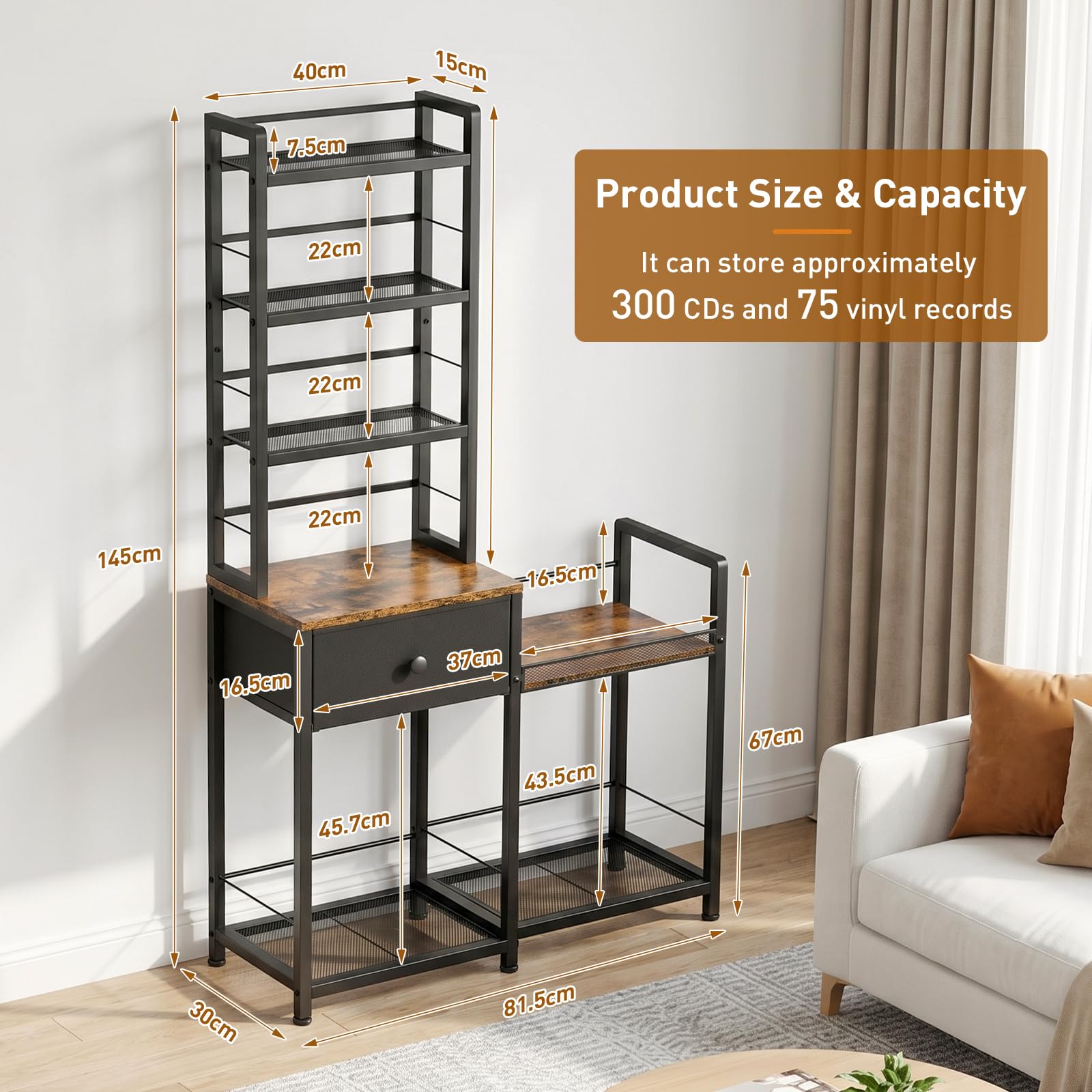 ikkle Scaffale per CD con dischi in vinile, scaffale per DVD a 7 livelli, con cassetto e supporto per giradischi, per 150 DVD o 300 CD, 75 dischi, libri, CD, per soggiorno, camera da letto e ufficio