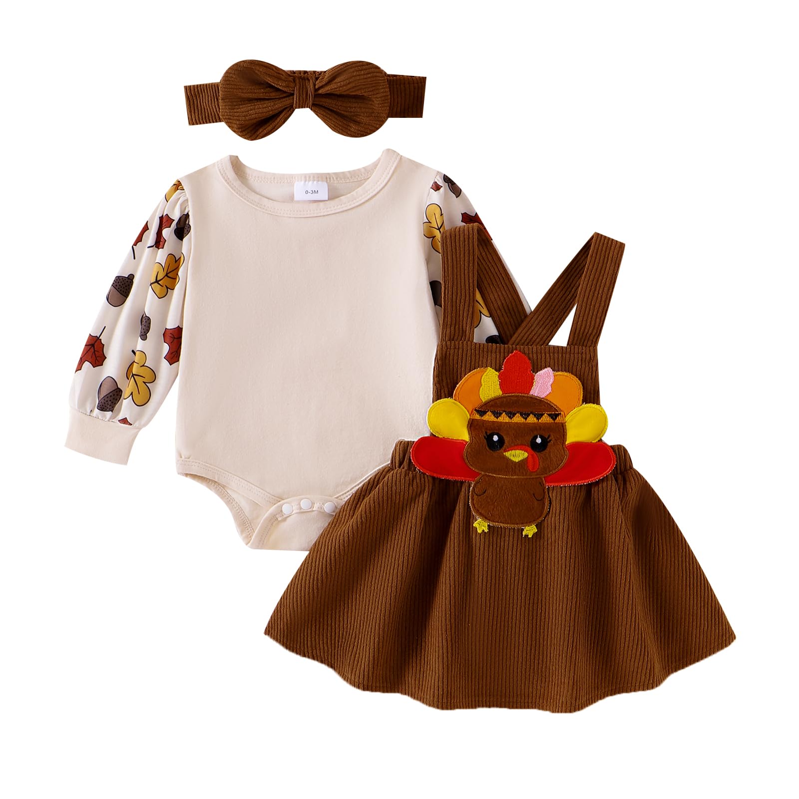 Afunbaby Newborn Baby Girl Halloween Outfit Long Sleeve Romper Dress Suspender Skirt Christmas Overalls Fall Clothes (Turkey Brown, 3-6 Months)