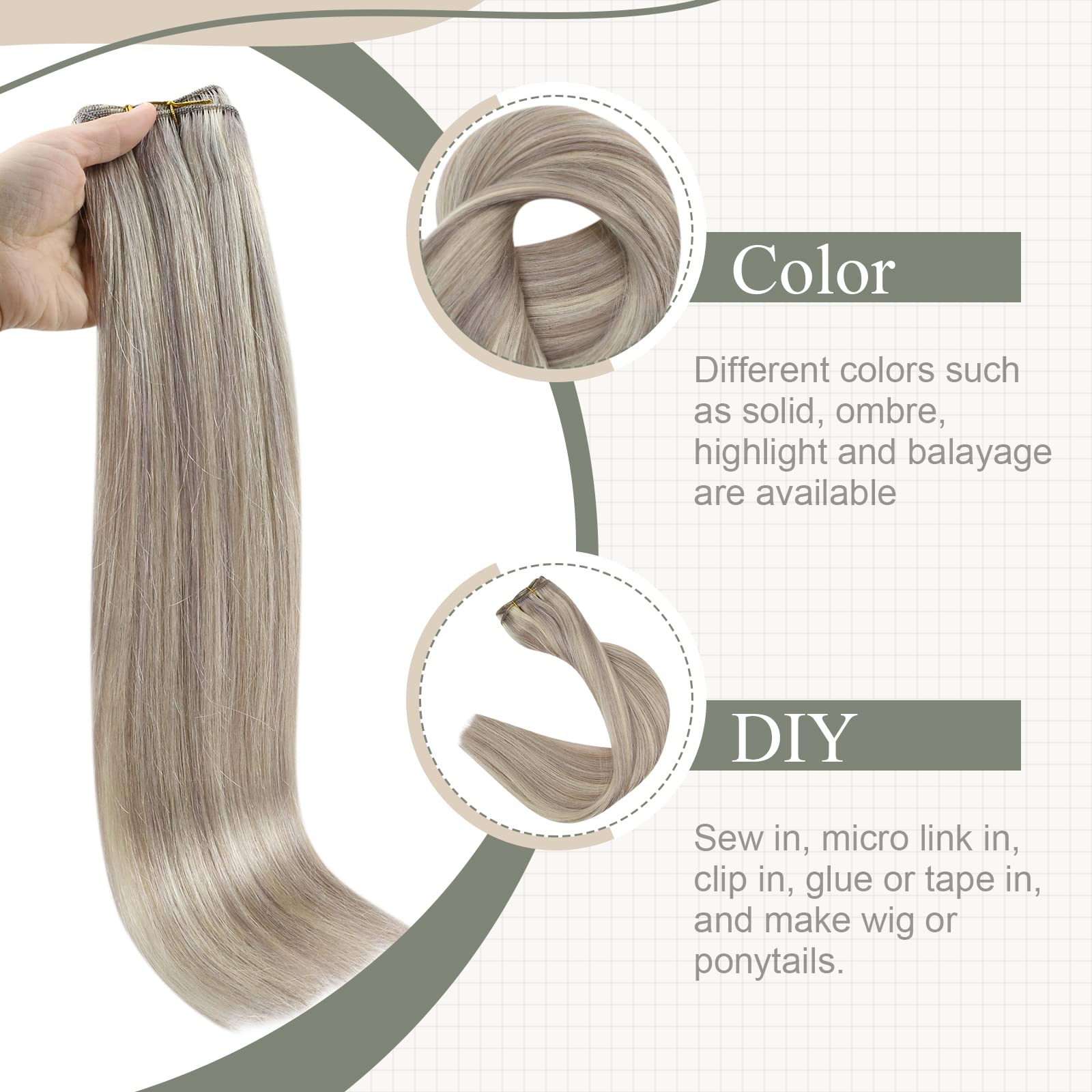 Fshine Extension Capelli Veri Tessitura Biondo Grigio Con Highlight Biondo Platino Extesion Matassa Capelli 45CM 100g Extension Cucitura Capelli Veri Remy Extension Capelli Bundles Lisci #19AP60