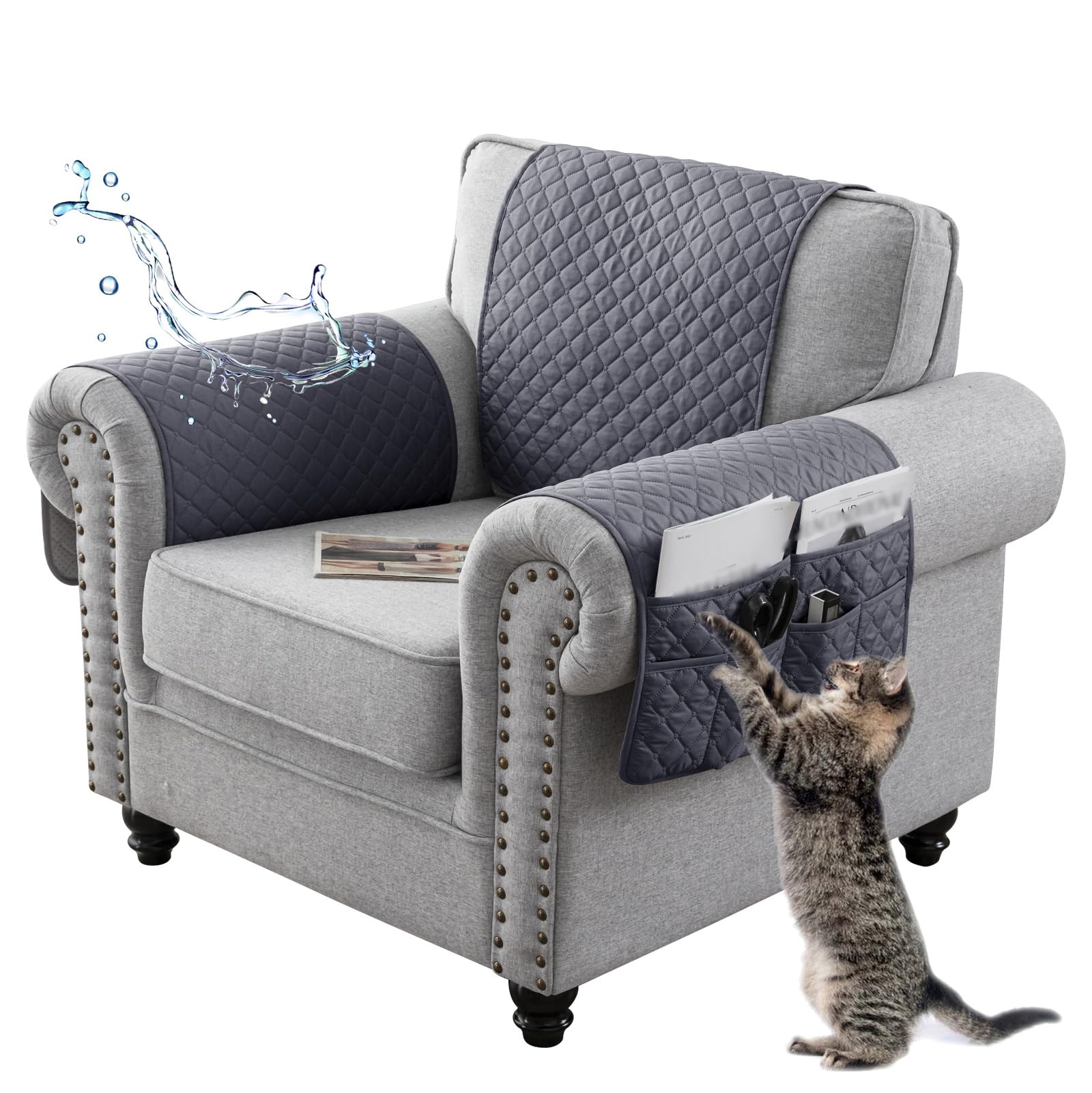 NNSMUN Sofa Armrest Cover, Headrest Cover for Recliner Chair Arm Cover, Armchair Slipcover Non Slip Quilted Furniture Protector for Sofa Recliner Armchair Cats Dogs (Grey,1 Seater(3pcs))