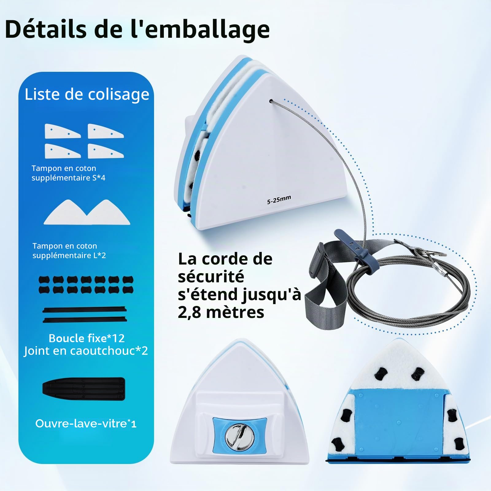 Podazz Home Nettoyeur de vitres magnétique double face, essuie-vitres magnétique double ajustable, pour immeubles de grande hauteur et pare-brise de voiture avec une épaisseur de 5-25 mm (5-25 mm)
