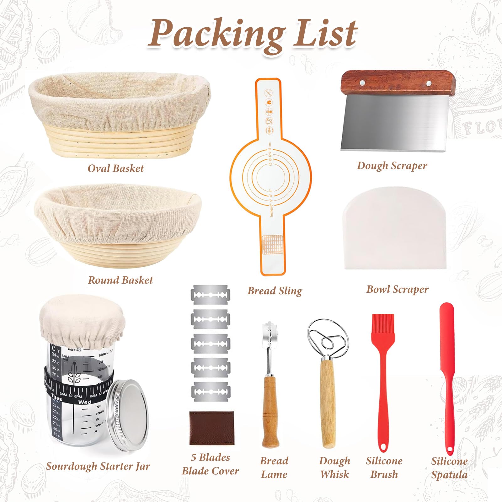 Banetones Para Pan, 12 Piezas Juego de Cestas para Fermentar Pan, Banneton Redondo y Ovalado, 650ml Vaso de Masa Madre, Kit Completo de Panadero, Kit Banneton para Pan