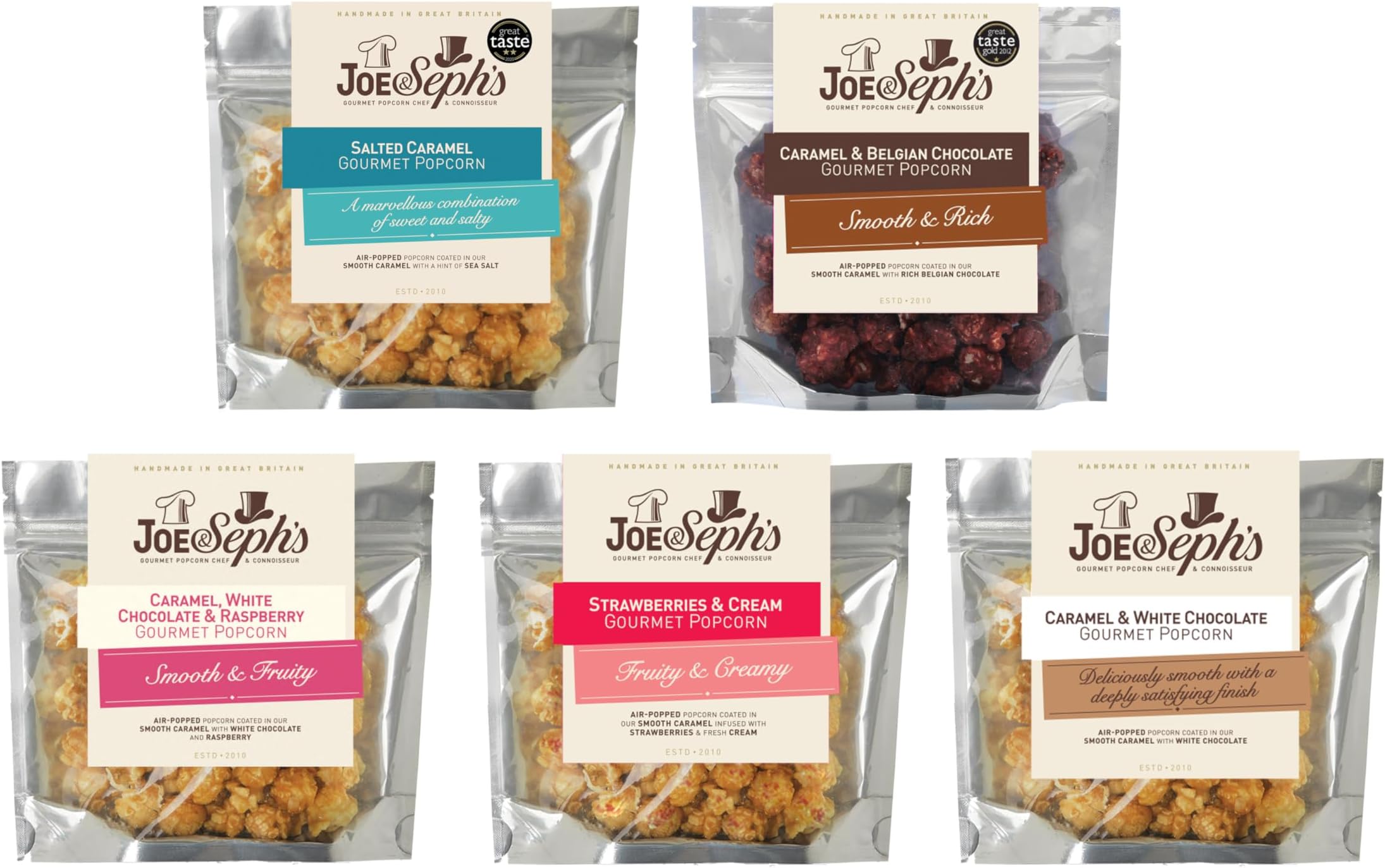 Joe & Seph's Summer Popcorn Tasting Selection (5x 30g), Salted Caramel, Caramel & Belgian Chocolate, Caramel, White Chocolate & Raspberry, Strawberries & Cream, Caramel & White Chocolate