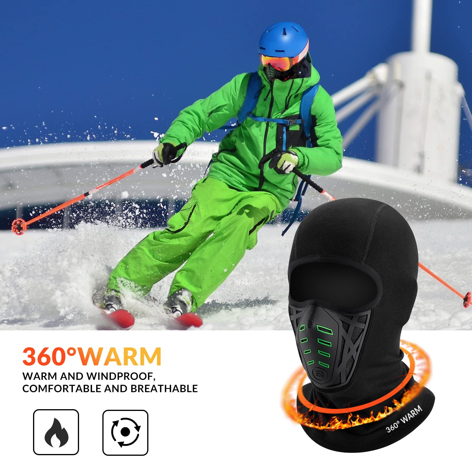 ROCKBROS Passamontagna Invernale per Moto, Sottocasco Balaclava Termico Antivento Uomo Donna, per Moto Sci Snowboard Ciclismo, Respirabile, Taglia Unica