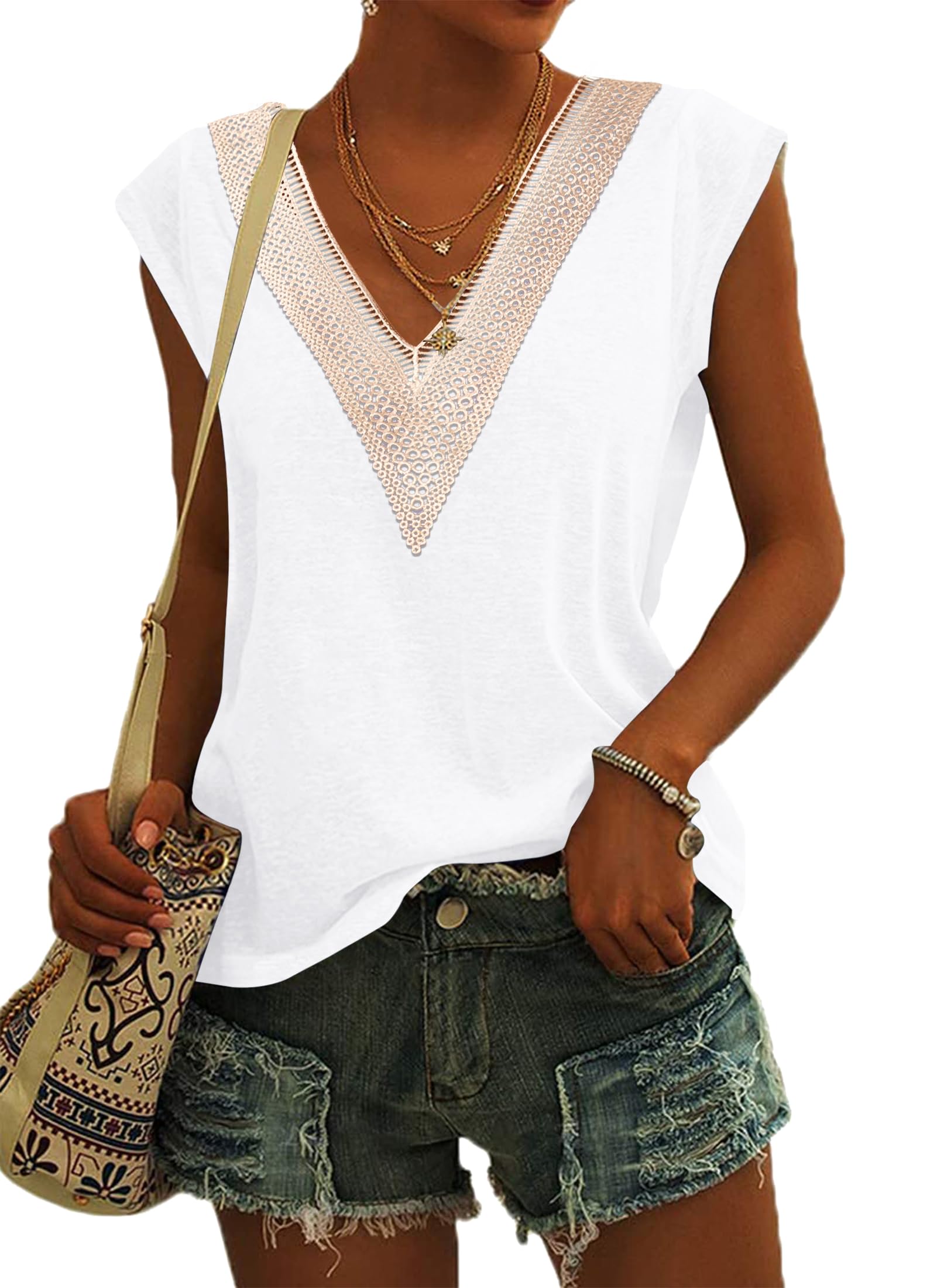 PLOKNRD Camiseta de Encaje Femenino con Cuello V Elegante Blusa de Manga Corta en Verano Camiseta Relajada Blusa de Playa