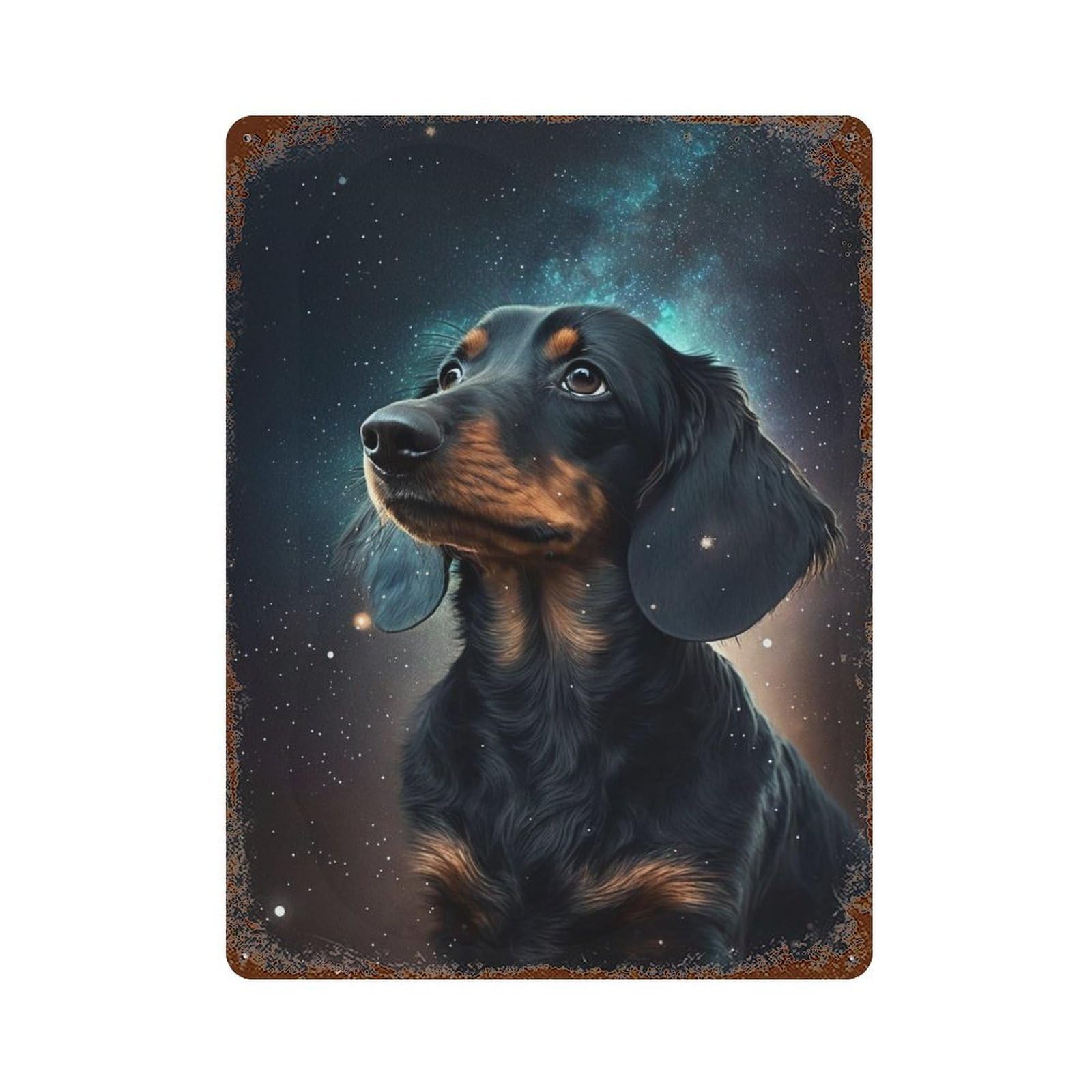 Rust Effect Space Pup Dachshund in Galaxy Vintage Rust Metal Sign 15.7"x11.8", Decorative Metal Wall Art for Shed, Workshop And Garage Wall Decor