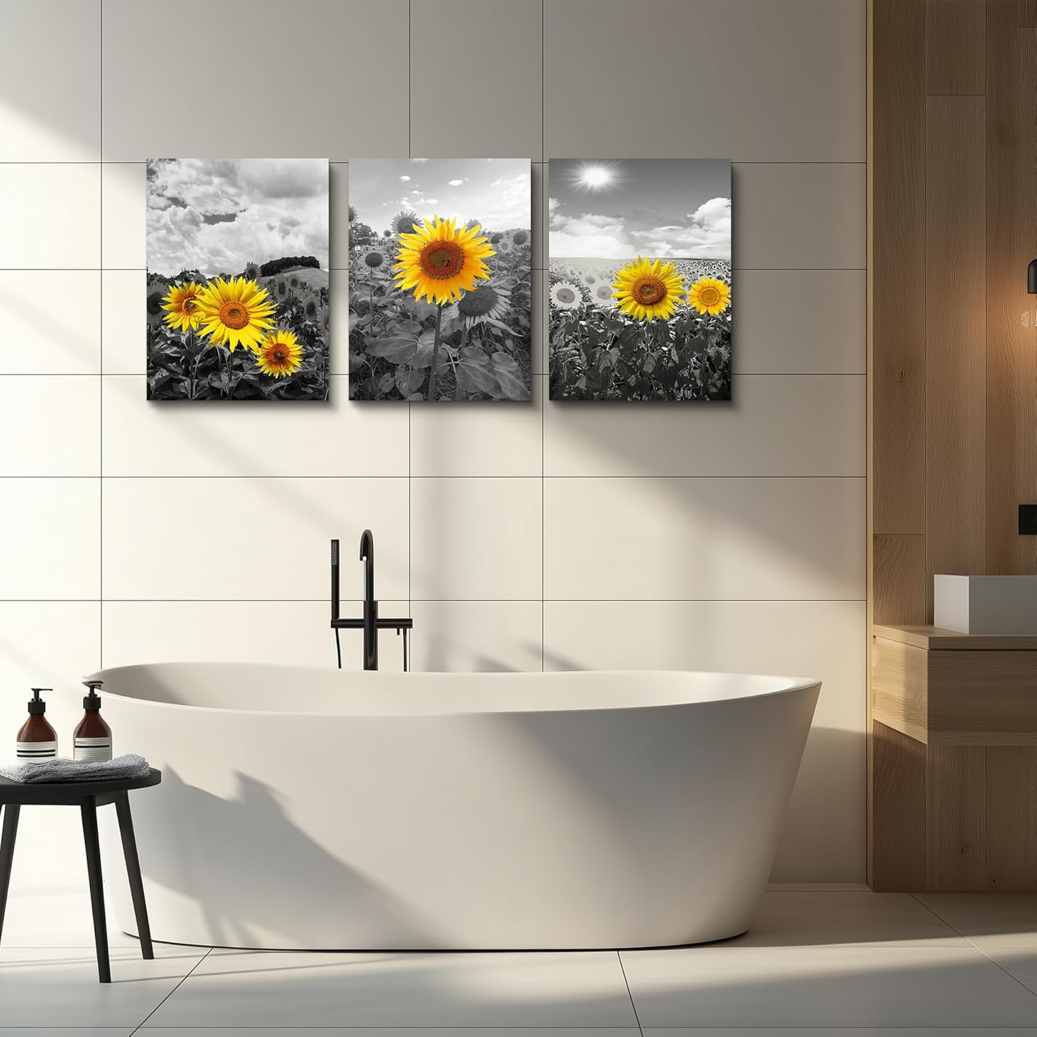 Canvas Wall Art - Family Wall Decor, Kitchen & Bedroom - Black & White Pastoral Scenery - Sunflower Flowers - 16x12, 3 Piece