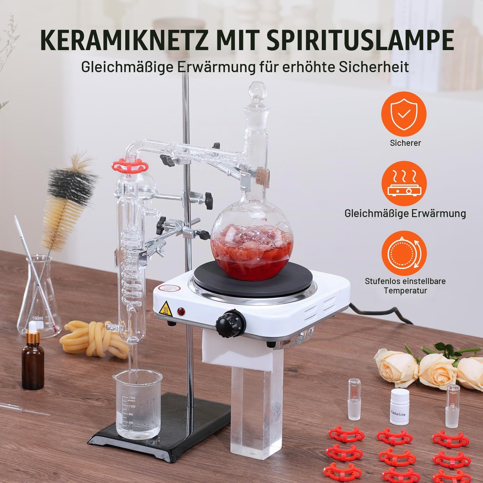 VEVOR Destillationsset für Ätherische Öle, 500 ml Destillationsapparat, 3,3 Boro-Laborglas-Destillationsset mit 1000 W Heizplatte und 24, 40 Gelenken, 33-teiliges Set