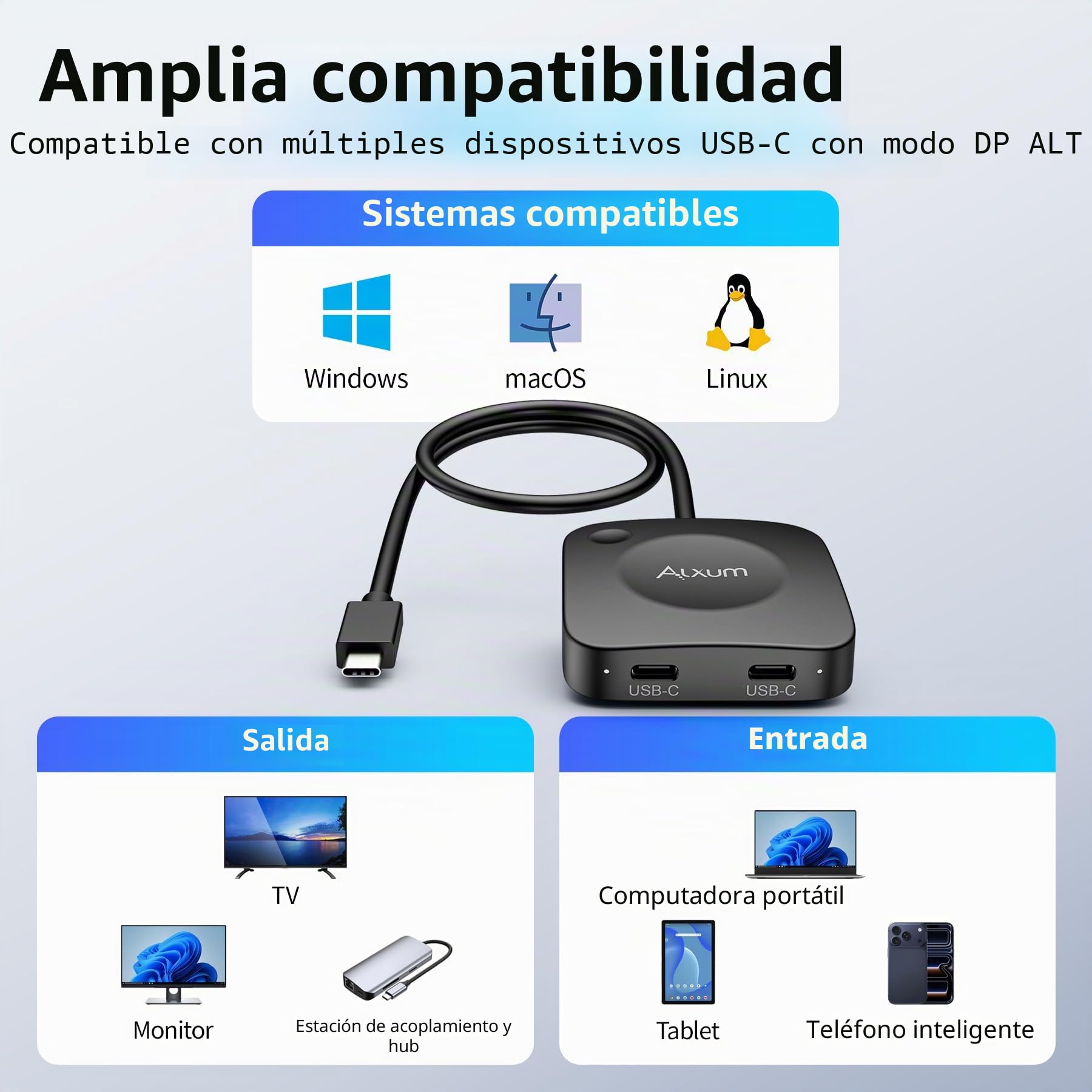 Alxum Conmutador USB-C Unidireccional 20 Gbps para 2 Ordenadores, PD 140W, 8K@30Hz/4K@144Hz, Thunderbolt 4 Switch con Mando, Compatible con portátiles, Dispositivos de Juegos, tabletas y teléfonos
