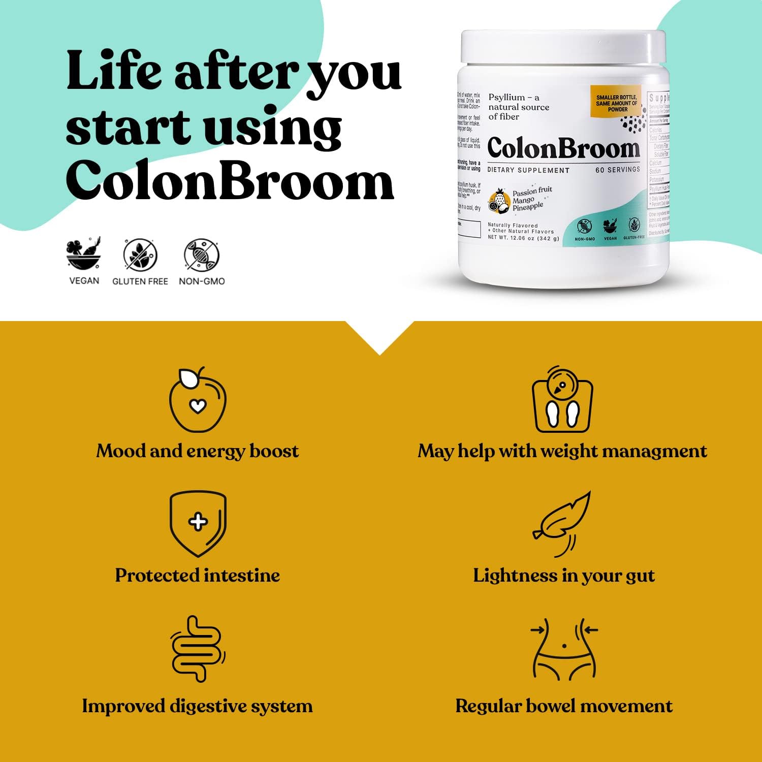 ColonBroom Psyllium Husk Powder Colon Cleanser - Vegan, Gluten Free, Non-GMO Fiber Supplement - Safe Colon Cleanse for Constipation Relief, Bloating Relief & Gut Health (60 Servings) : Health & Household