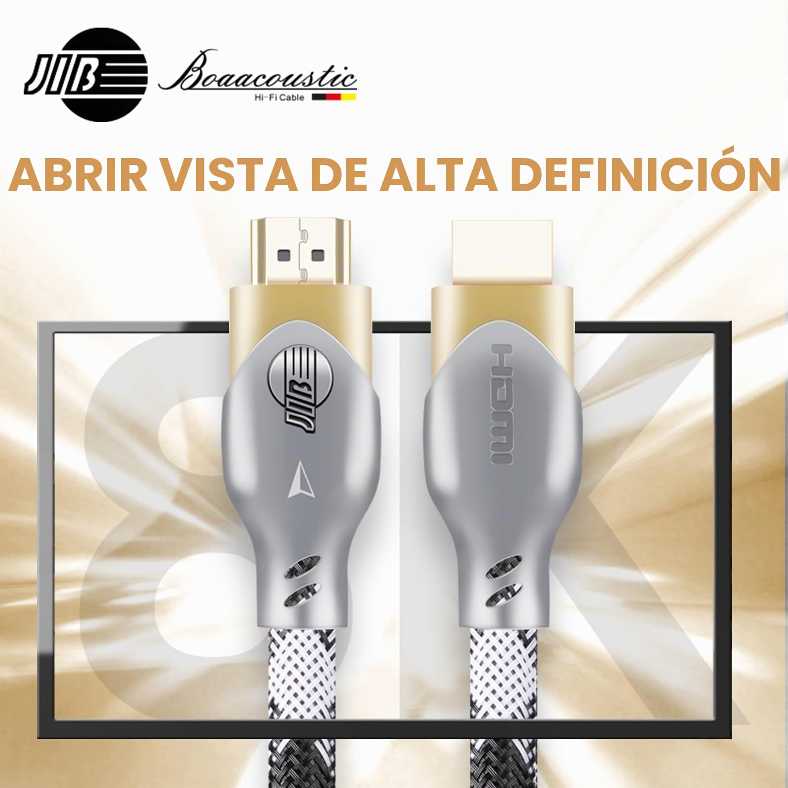 BOAACOUSTIC JIB hi-end Audiophile 8K Cable HDMI 48Gbps 2M, Certificado Ultra Alta Velocidad HDMI Cable 4K 240Hz 144Hz 8K 60Hz 0.01ms HDR10+ ARC eARC HDCP 2.3 Netflix Roku TV PC Proyector PS5 2m