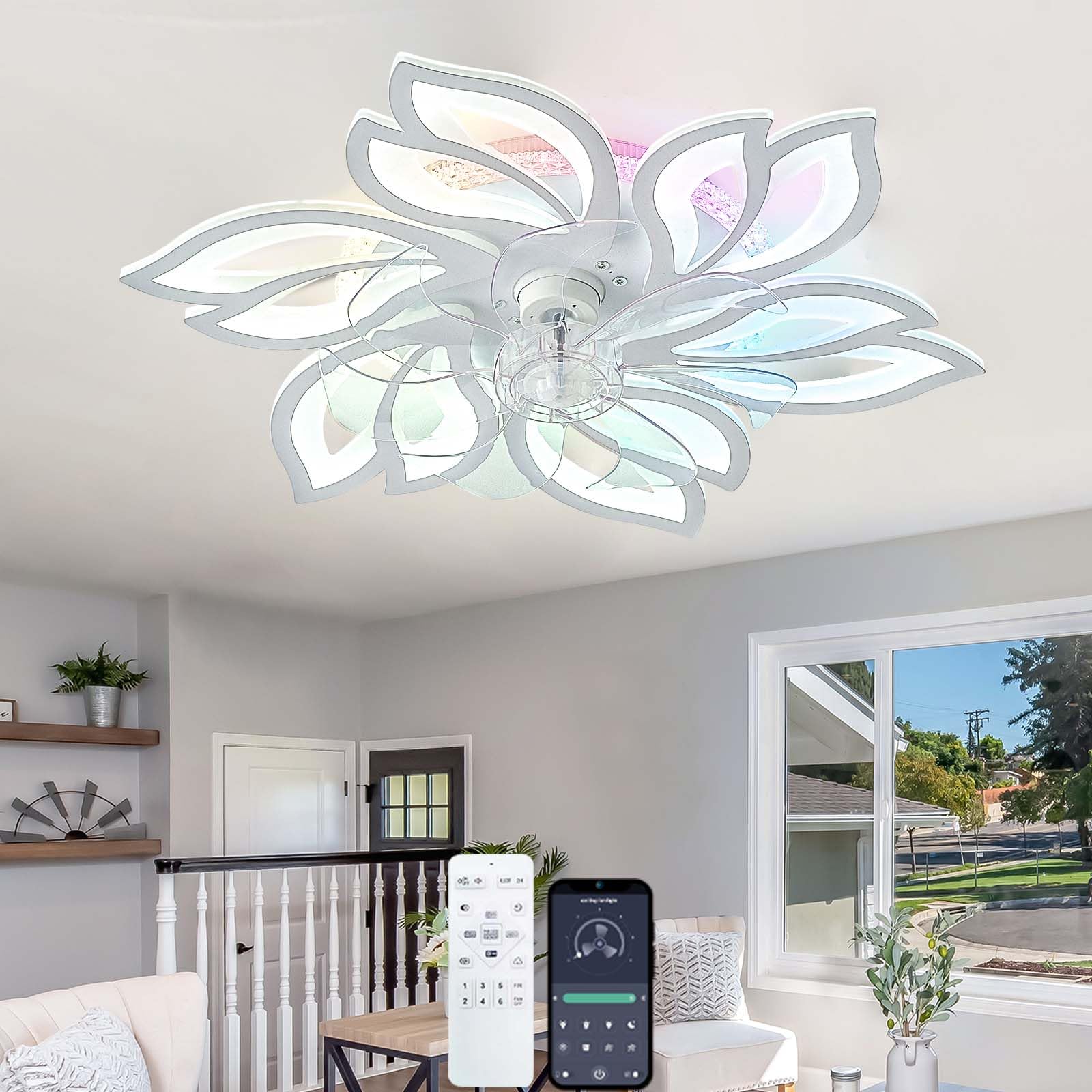 HXYSXHJUO RGB Ceiling Fans with Lights,aplikacja I Pilot Zdalnego Sterowania, Kids Bedroom Fan Light Ceiling, Reversible DC Motor，Quiet Lights for Bedroom, Room, Living Room
