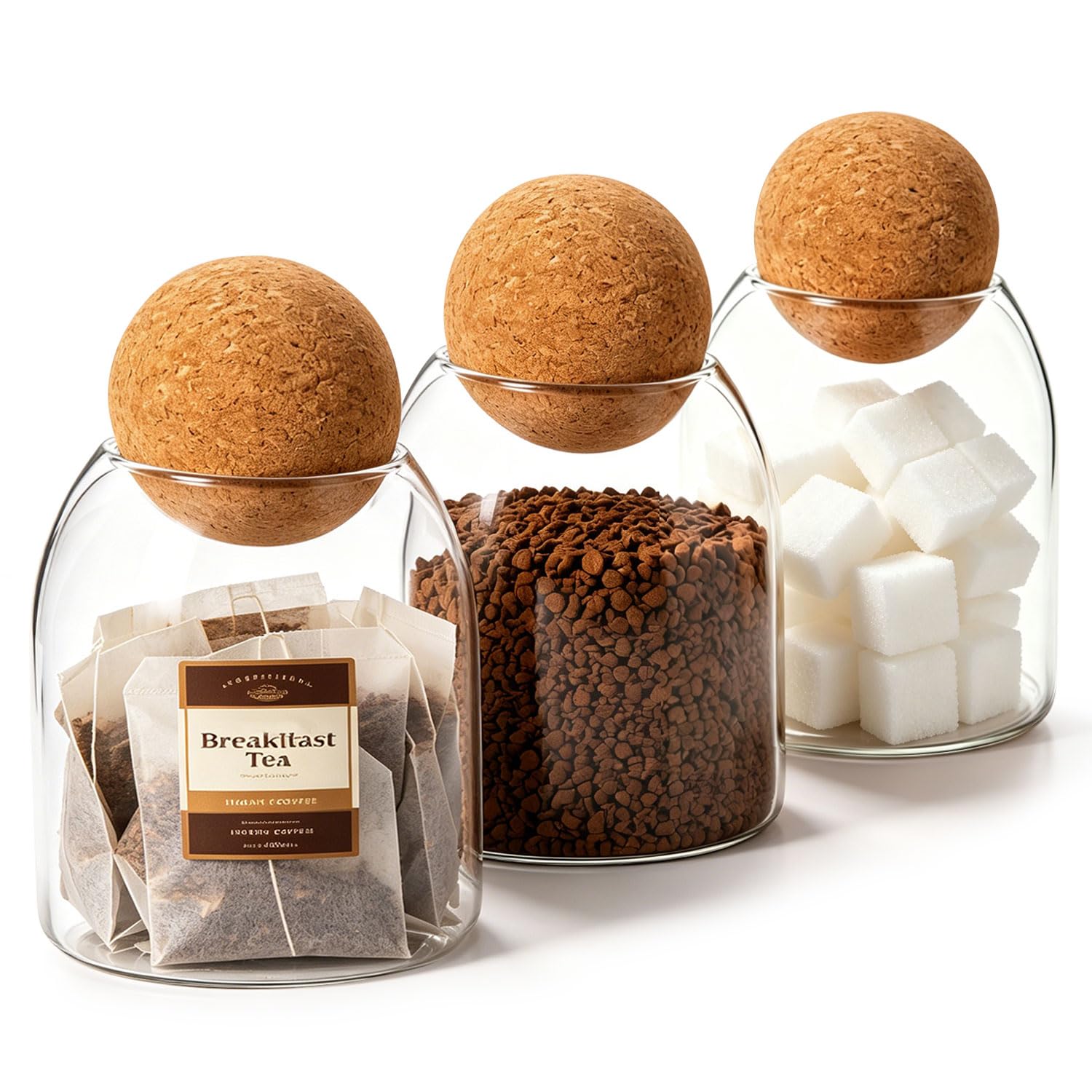 ComSaf Glass Tea Coffee Sugar Canisters 450ml Set of 3 with Cork Ball Lids