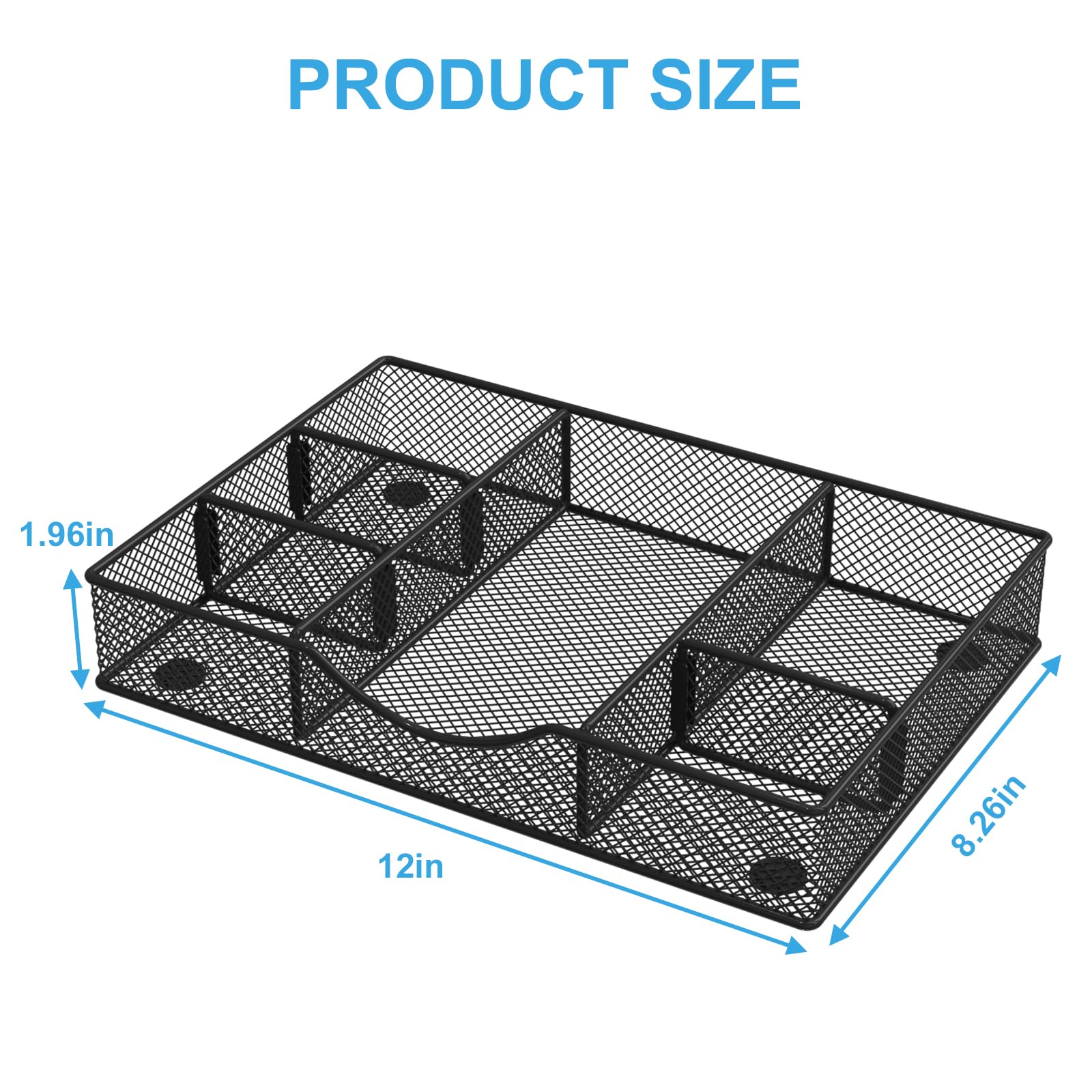 VyGrow Vassoio organizer per cassetti da scrivania, in rete metallica, organizer per ufficio, 6 scomparti regolabili, vassoio organizer da scrivania per casa e ufficio, 30,5 x 21 x 5 cm, nero,