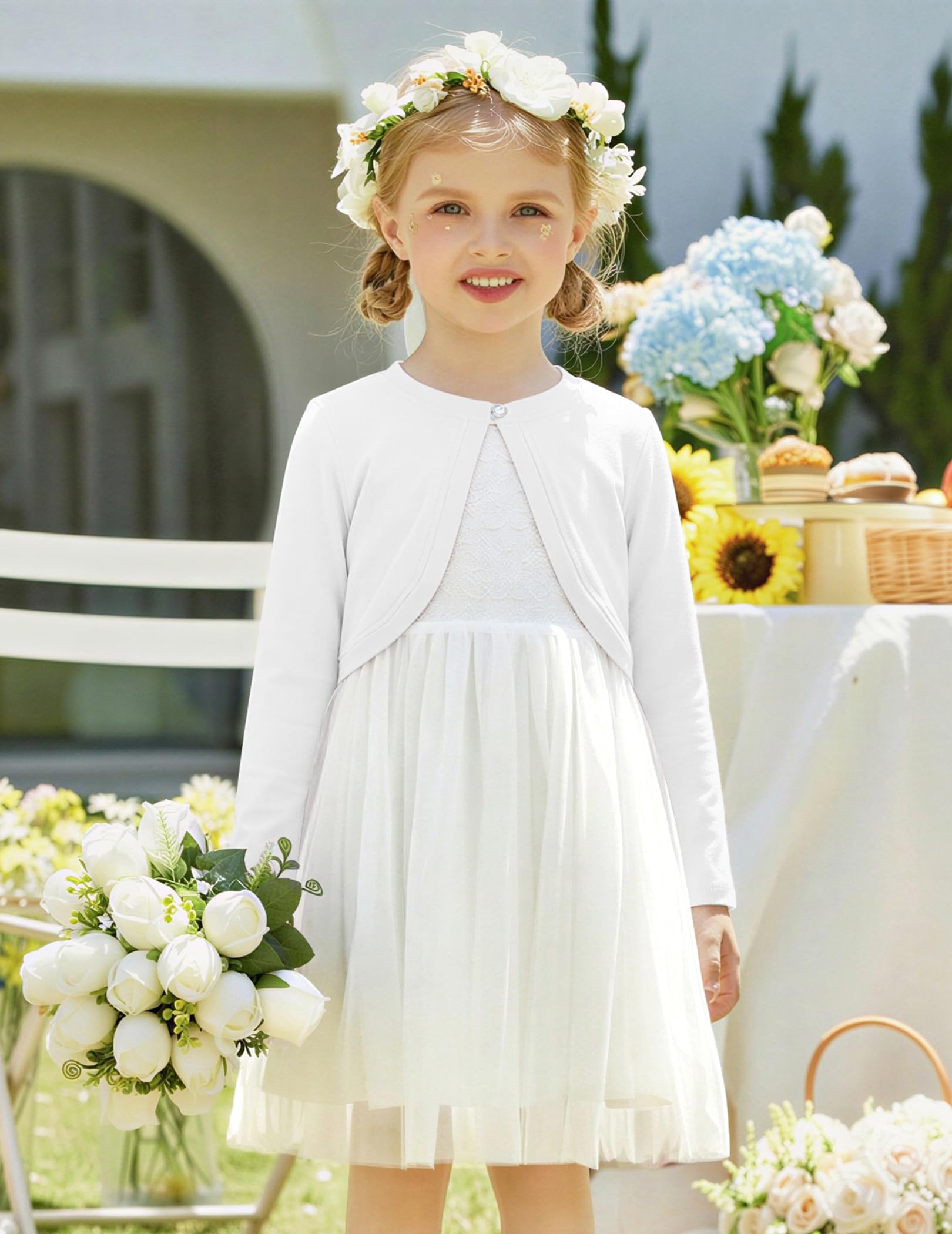 Arshiner Cárdigan para Niña Festivo Bolero de Algodón Chaqueta de Comunión con Botón de Diamante 5-13 años — view 2