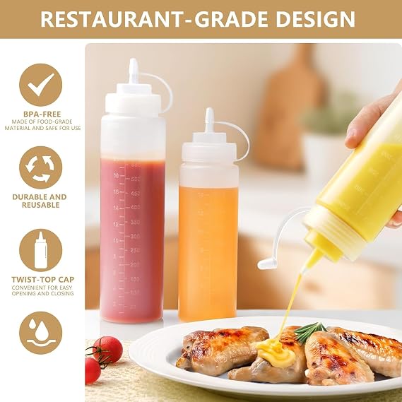 TOMIUS 6PCS Squeeze Sauce Bottles 500ml with Nozzles Plastic Condiment Squeezy Bottle Squirt for Sauces Ketchup Salad BBQ Oil BPA Free Proof Cap Scale Line Kitchen Restaurant – 16oz