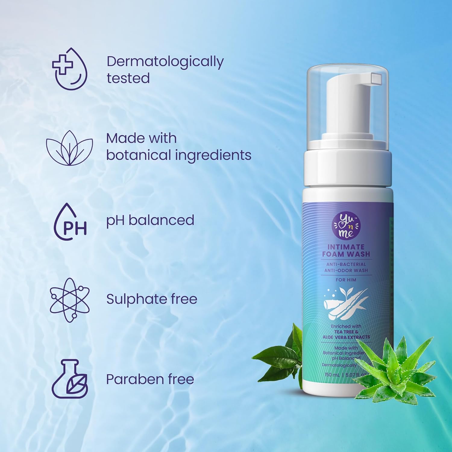Yu n Me Anti-Bacterial & Anti-Odor Intimate Foam Wash for Men | 150ml | With Tea Tree & Aloe Extracts | pH Balanced | Inhibits Bacterial Growth & Odor | Dermatologically Tested | Paraben&Sulphate Free Yu n Me Anti-Bacterial & Anti-Odor Intimate Foam Wash for Men | 150ml | With Tea Tree & Aloe Extracts | pH Balanced | Inhibits Bacterial Growth & Odor | Dermatologically Tested | Paraben&Sulphate Free