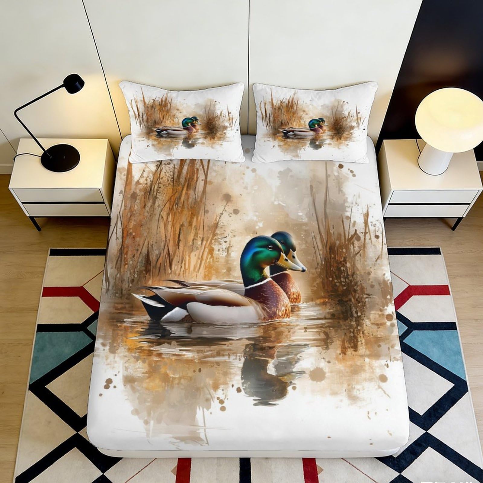 3D Printed Mallard Duck Lake Fitted Sheet Microfiber Soft Breathable Waterfowl Bed Cover for Bedroom Guest Room Decor 90x200x25cm