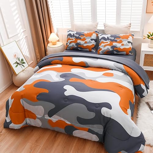 Vista 96 de Meeting Story Juego de ropa de cama de camuflaje, juego de edredón estilo patrón colorido, 5 piezas, un edredón, dos fundas de almohada, dos sábanas