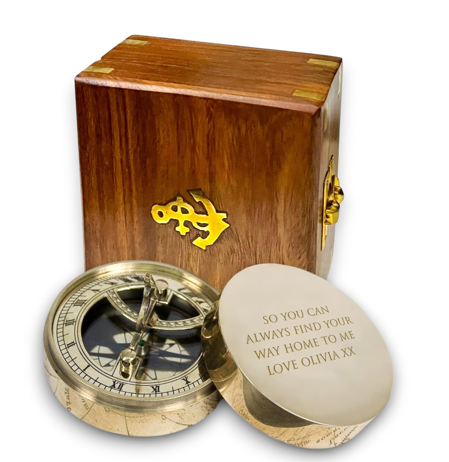 Personalized Sundial Compass with Wood Box Brass Nautical Birthday Gift for Your lovedones