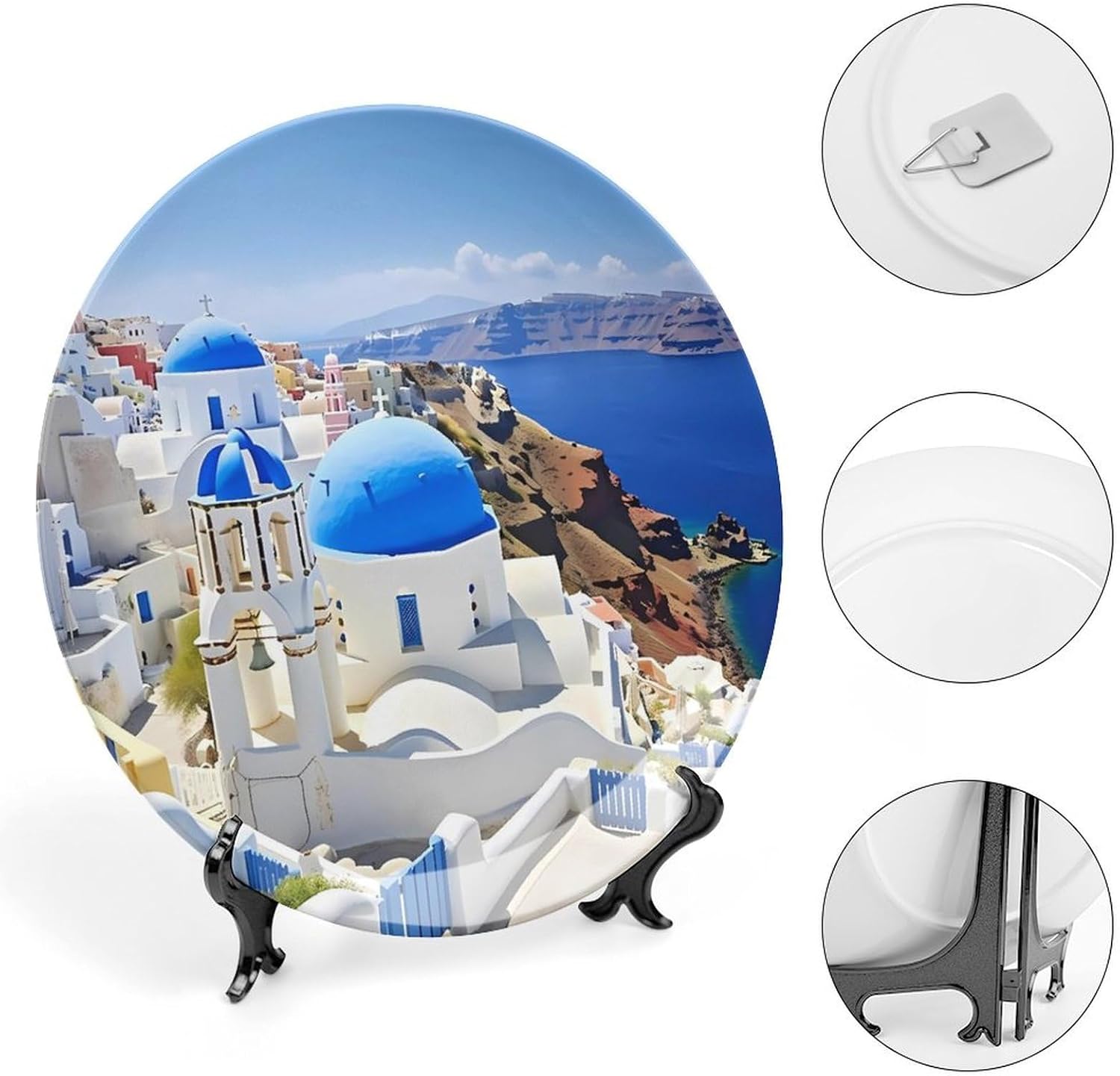 Santorini Greece Custom Bone China Decorative Plate Round Ceramic Decorative Plate with Display Stand for Home Office Wall Decor