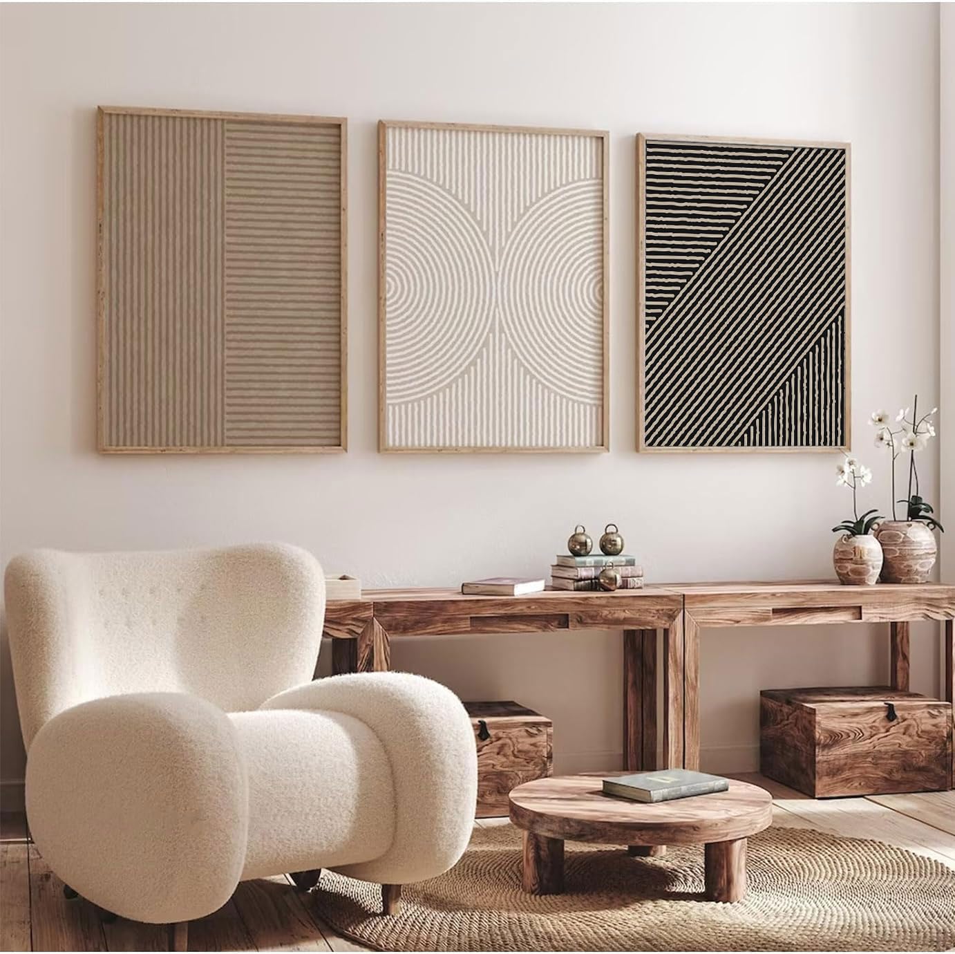 Boho Wandkunst-Set – 3 Gerahmte Bilder Je 40x60 Cm, Abstrakte Linien & Sonnen, Mid-Century Stil, Neutral