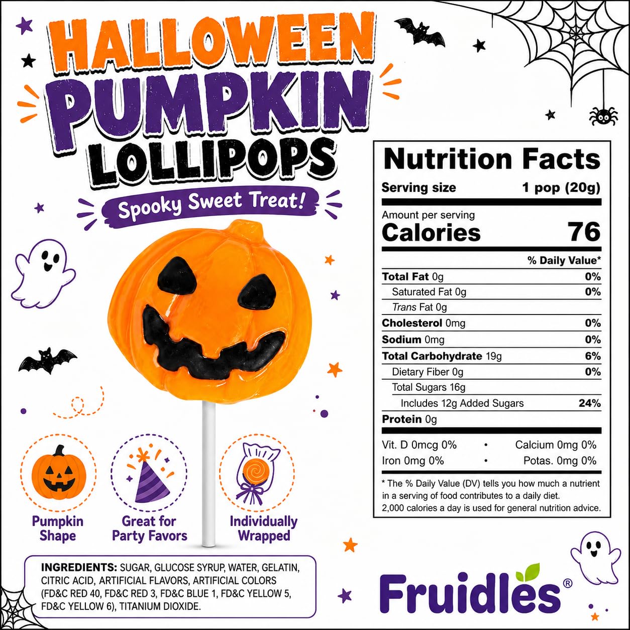Dulces de piruletas de calabaza de Halloween, dulces espeluznantes, ideales para rellenos de bolsas de regalo de Halloween, envueltos individualmente (paquete de 12)