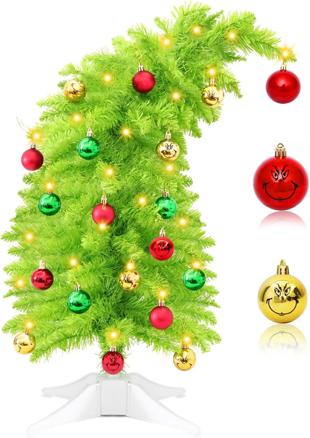 24in Small Christmas Tree Whimsical 2ft Mini Christmas Tree with LED Lights Tabletop Lime Green Decoration Ornaments for Indoor Home Party Decor