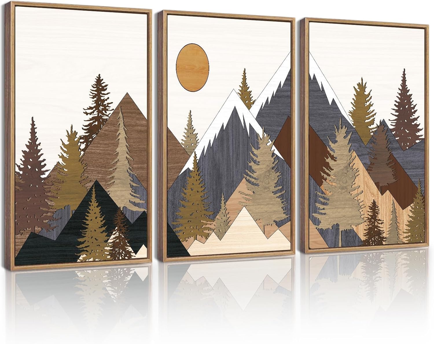 KUVIOKE Landscape Mountain Wall Art Set White Winter Sunrise Pine Tree Forest Nature Scenry Wilderness Farmhouse Rustic Modern Art Decorative for Living Room Bedroom 11x 14in (Natural Framed)