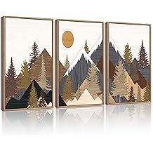 KUVIOKE Landscape Mountain Wall Art Set White Winter Sunrise Pine Tree Forest Nature Scenry Wilderness Farmhouse Rustic Modern Art Decorative for Living Room Bedroom 11x 14in (Natural Framed)