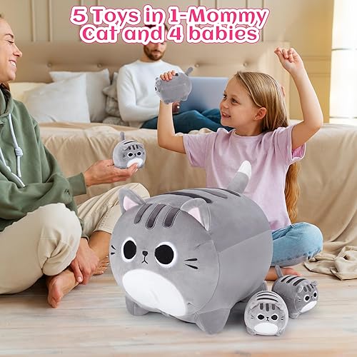 Miniatura 6 de Peluche de gato gris, 5 piezas de familia de animales de peluche, gato gris de 16 pulgadas, mamá gato con 4 gatitos bebés para niños, juguete de