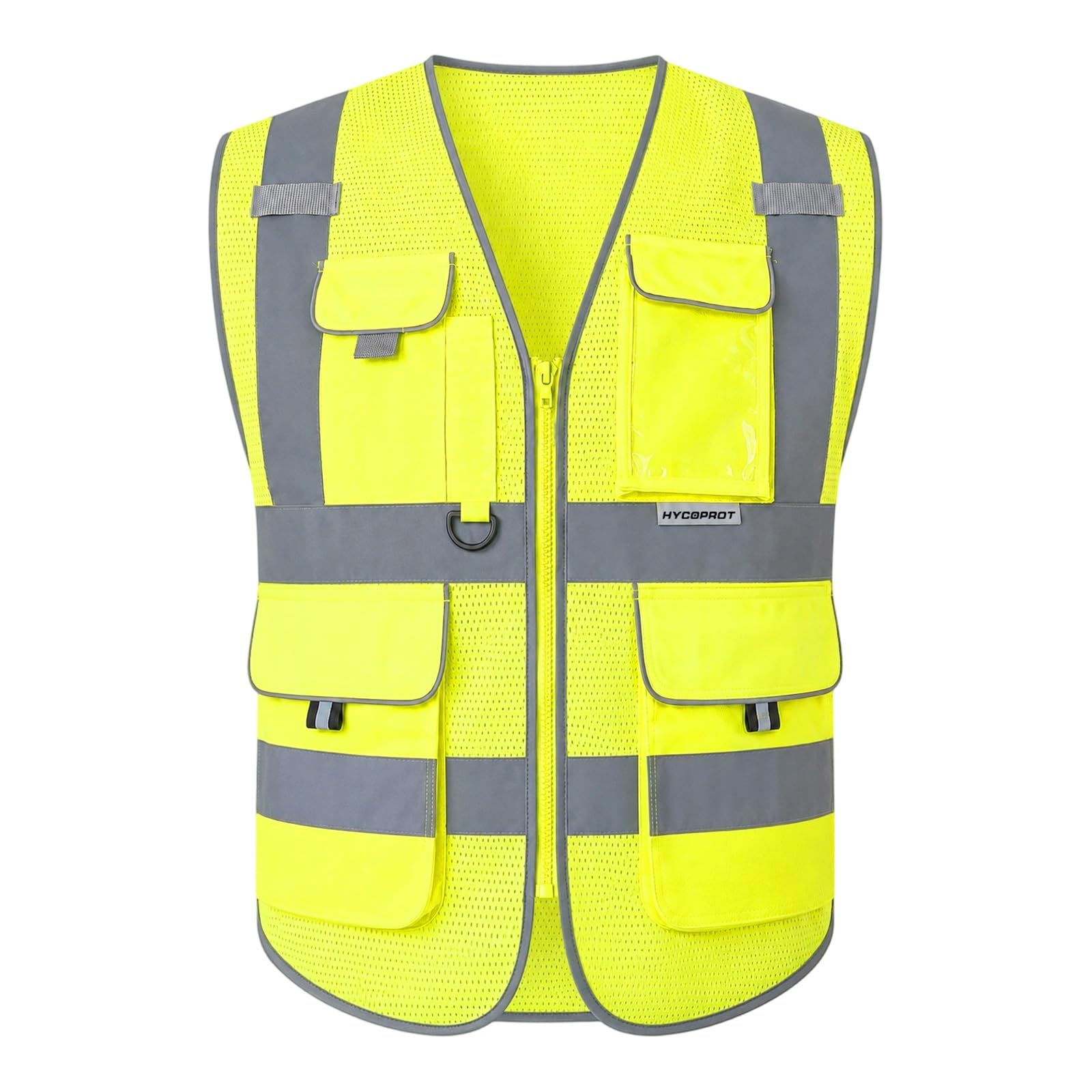 HYCOPROT Hi Vis Vest for Men Women High Visibility Reflective Breathable Safety Vest with Multiple Pockets Zipper Front Meets Construction Vests for Build Oudoor Work EN ISO 20471 Standards