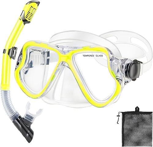 Miniatura 8 de PIYAZI Juego de esnórquel para adultos, máscara panorámica de visión amplia y juego de esnórquel con parte superior seca, paquete de buceo de vidrio