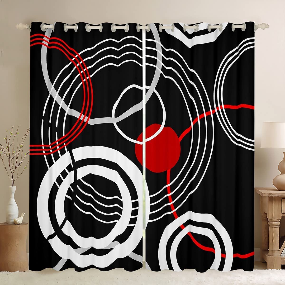 Loussiesd Retro Circle Darkening Window Drapes Black White Red Curtain Simple Style Blackout Curtainsfor Bedroom Children Modern SWindow Treatments W66*L72 โ image 1