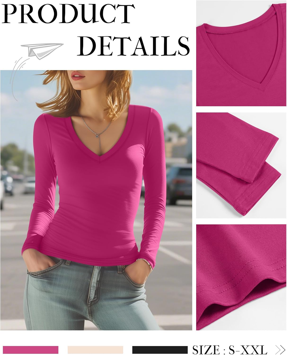 Huukeay 3 Pack Women's Deep V Neck T-Shirts, Long Sleeve Tee Cotton Slim Fitted Tops Casual Fall Basic Tight Tee Shirts(Black, Cream, Rose Red,Medium) - Image 5