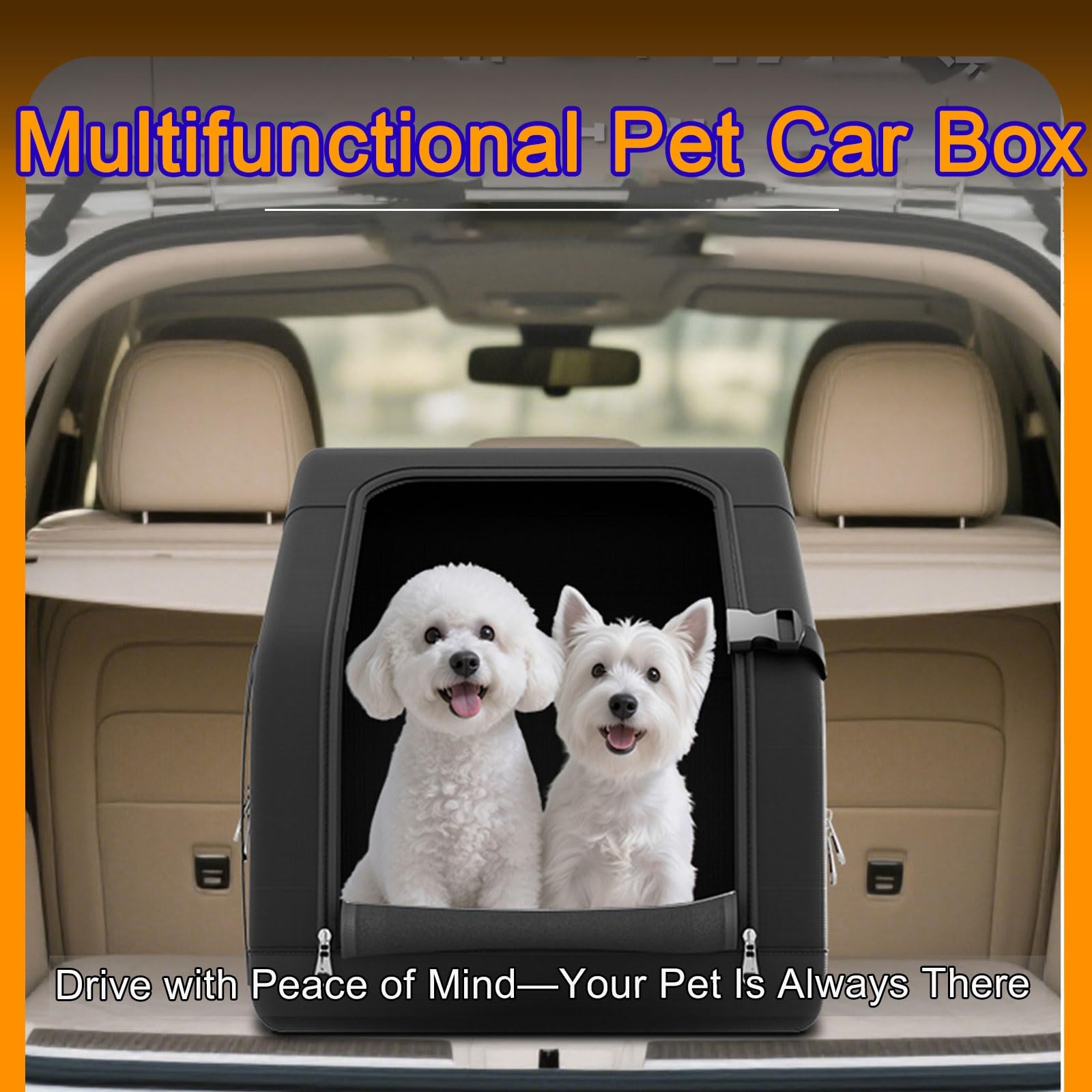 Hundetransportbox Auto Faltbar 3 Eingänge mit Sicherheitsgurten Transportbox Hund Groß Verstärkter Rahmen für Kleine Mittlere Hunde Katzen Outdoor Ausflüge(Black,69x45x56cm)