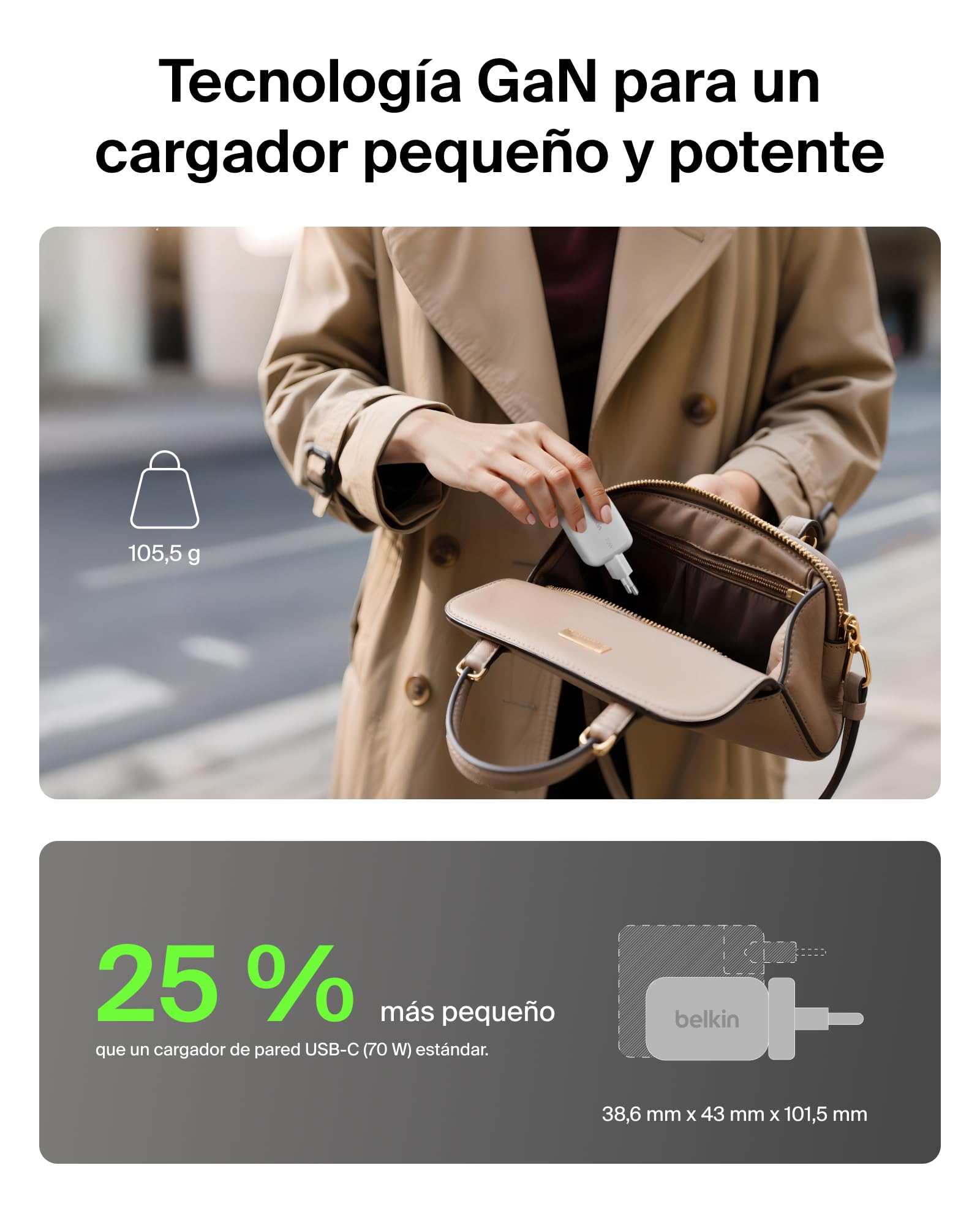 Belkin BoostCharge Pro Cargador USB-C GAN 70W, 3 Puertos y Adaptadores | Enchufe USB, 2 Puertos USB-C y 1 USB-A, Adaptadores Enchufe Británico y Americano, GaN y PPS, Carga Rápida iPhone y Samsung