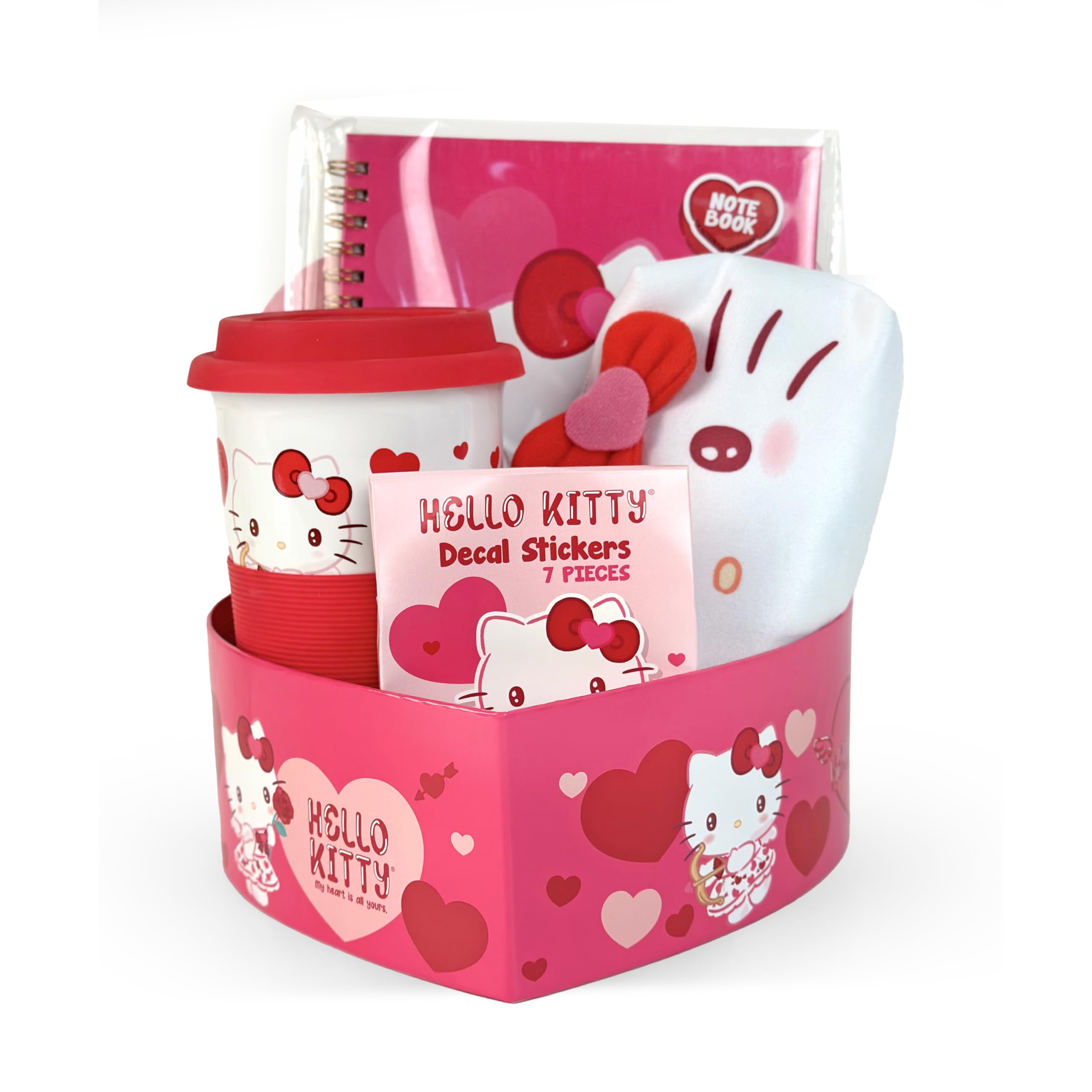 Hello Kitty Holiday Deluxe Love Heart Gift Set - Hello Kitty Mug, Notebook, 7pc vinyl stickerset, plush pencil pouch, heart shaped gift box.