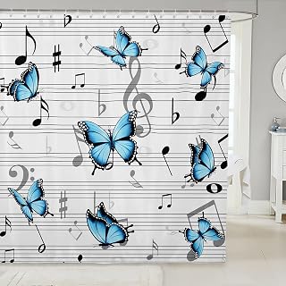 Manfei Music Kids Shower Curtains,Music Note Piano Musical Bathroom Curtains for Boys Girls Adults,Blue Butterfly Rustic Country Black White Fashion Waterproof Curtains,12 Hooks Suits,72" W x 72" L