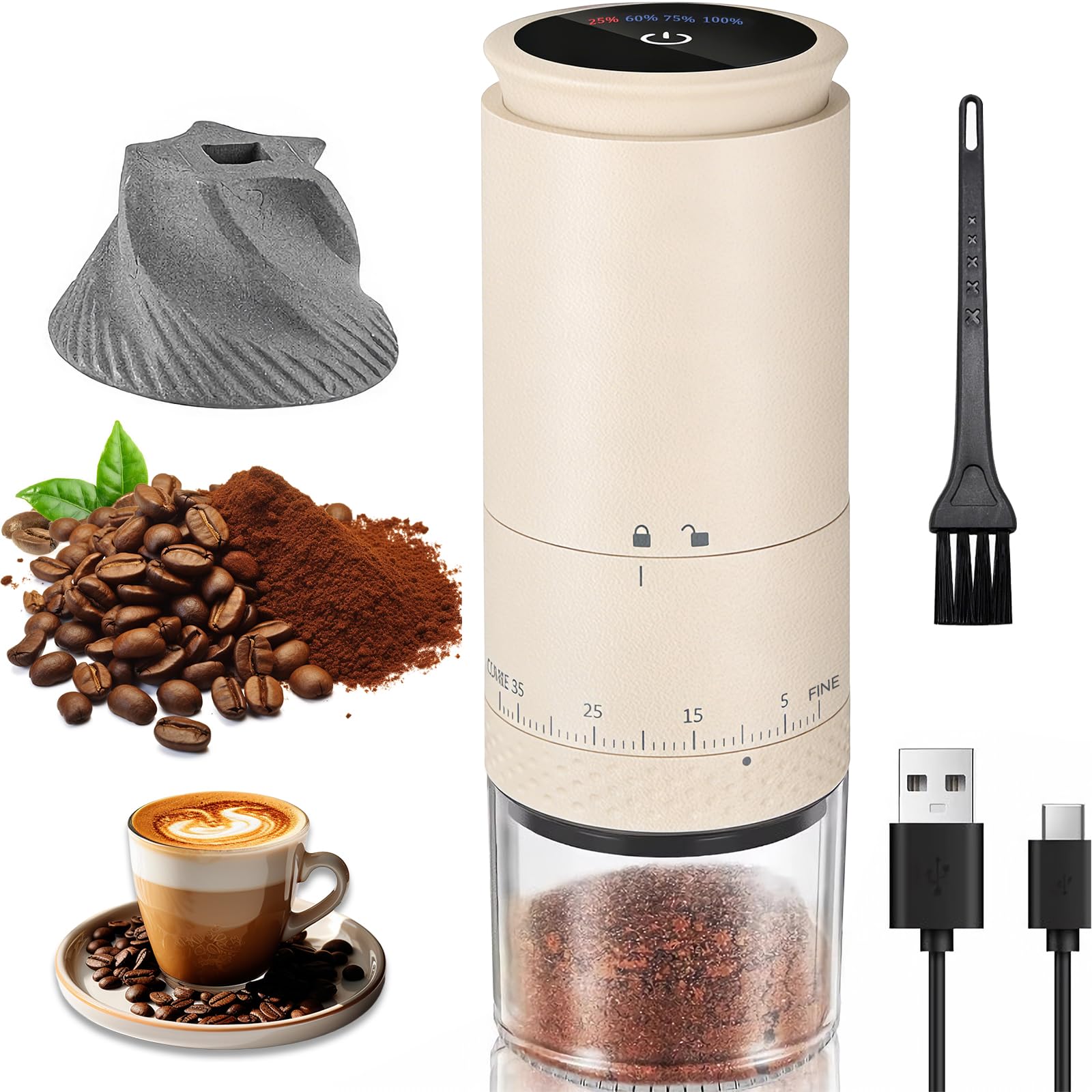 Molino de Café Eléctrico Portátil, Molinillo de Café con Muelas Cónicas de Cerámica, 2000mAH Recargable USB, Ideal para Hogar, Oficina, Campamento y Viajes (blanco, L)