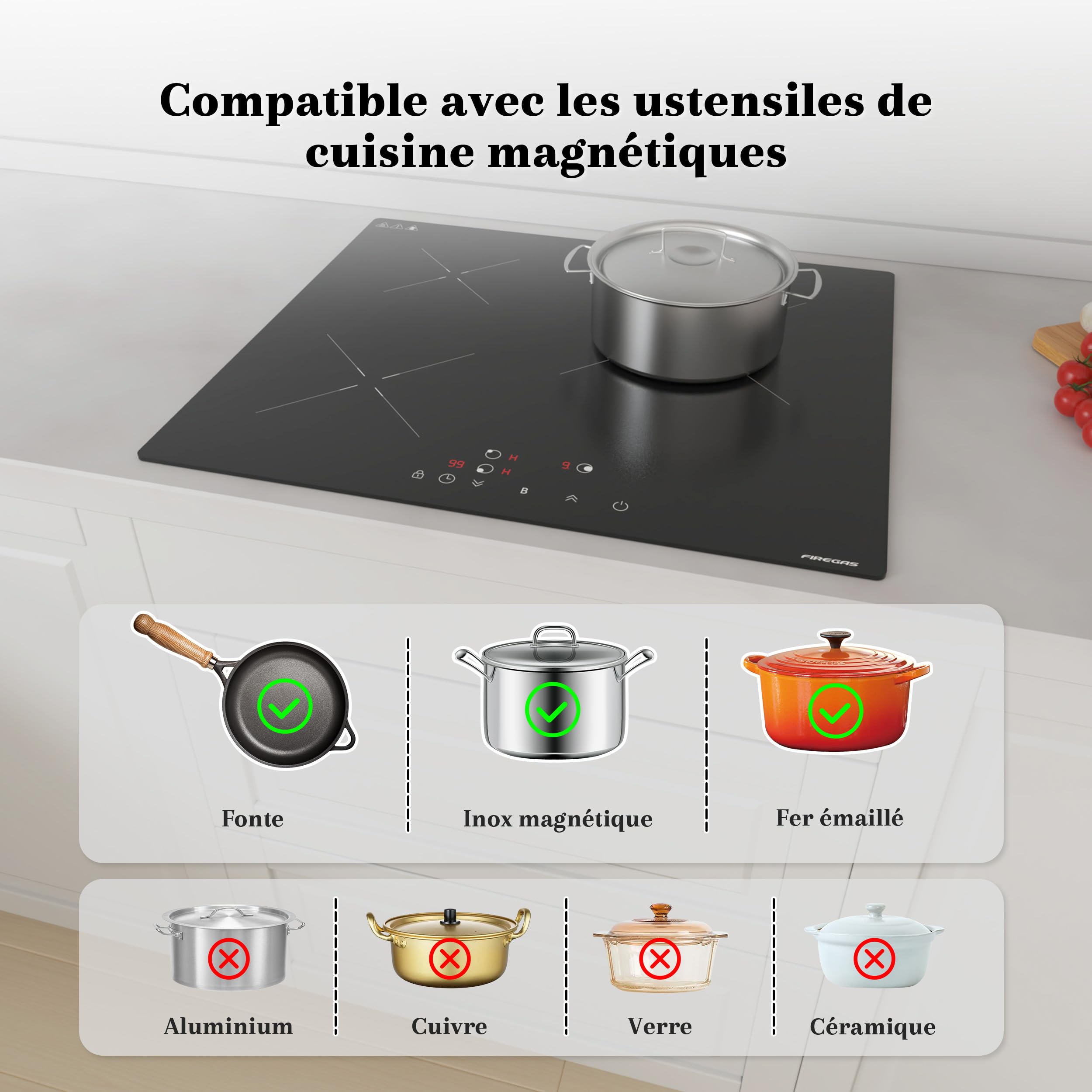 FIREGAS Plaque à Induction 3 Foyers Encastrable 7400W, Commande Tactile, Booster, Minuterie, Sécurité Enfant