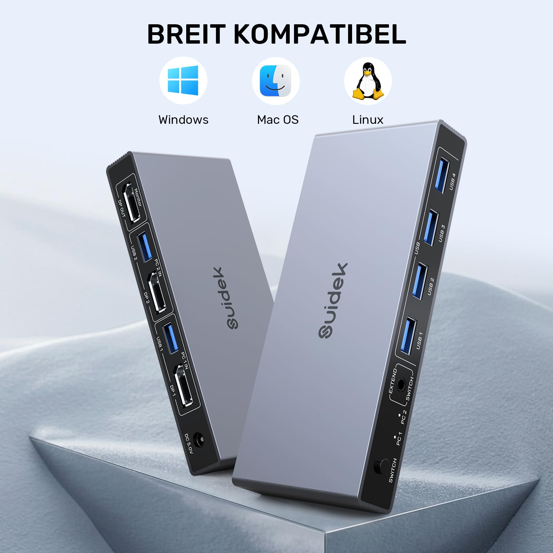 SUIDEK Displayport KVM Switch für 1 Monitor 2 Computer, 8K@60Hz DP KVM Switch 2 in 1 Out USB 3.0 KVM Switcher mit 4 USB Ports, inklusive Desktop Controller, 2 USB Kabel und Netzteil