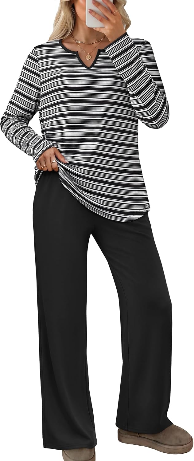 WIHOLL 2 Piece Sets for Women 2026 Lounge Long Sleeve Shirts Wide Leg Pants image 3