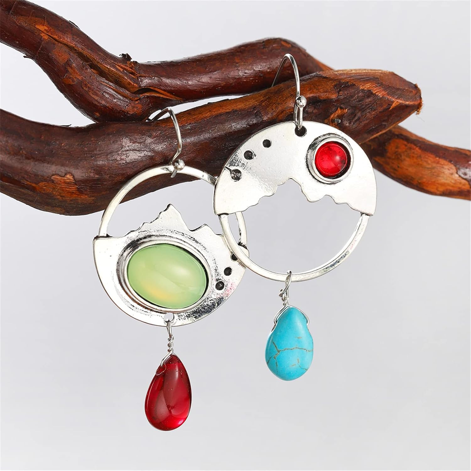 Boho Asymmetrical Handmade Earrings for Women Girls Trendy Delicate Vintage Bohemian Silver Green Turquoise Red Agate Round Dangle Drop Statement Earrings Jewelry Gifts - Image 5