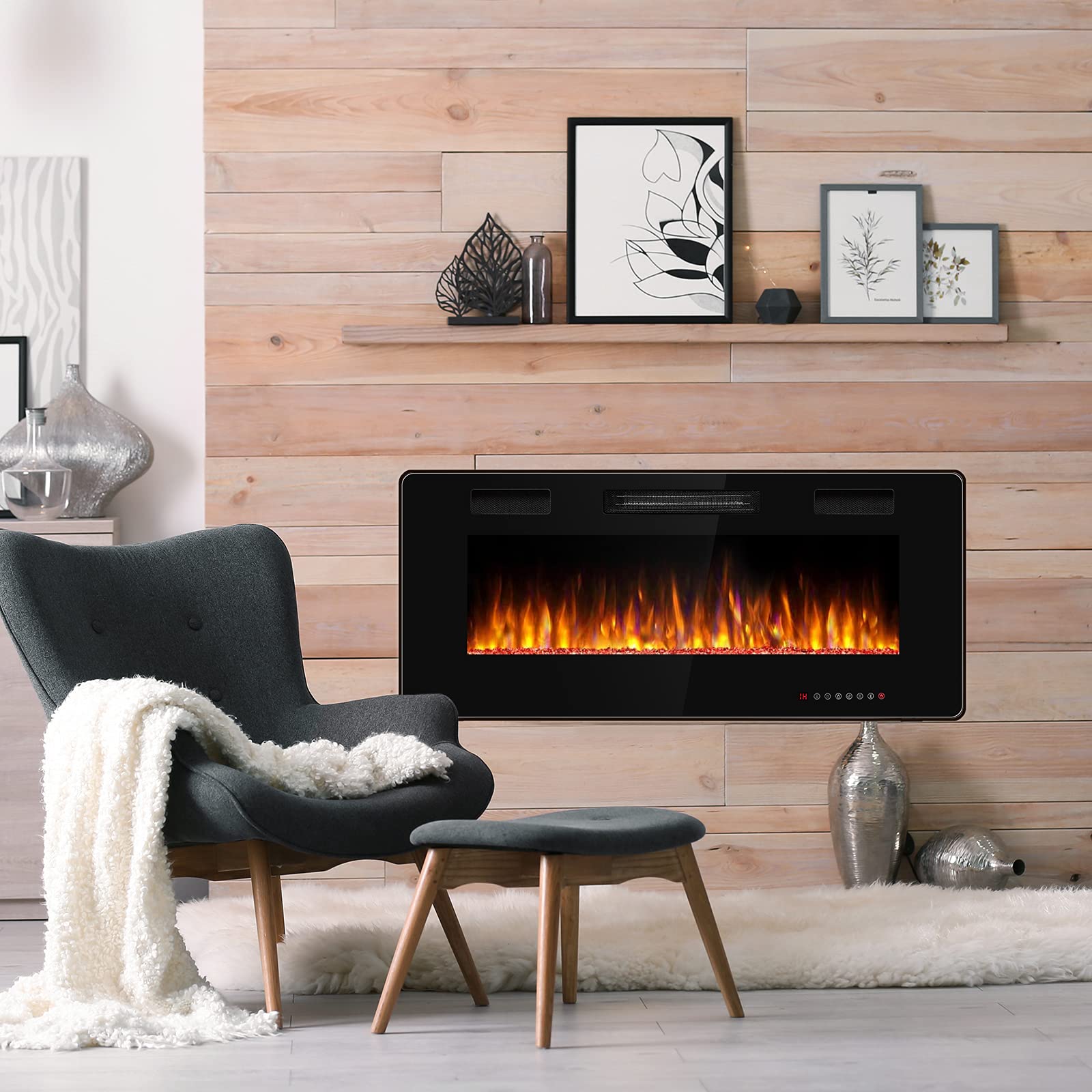 ORALNER Electric Fireplace 42 Inch, Recessed & Wall Mounted Fireplace Heater with 12 Flame Effects, 5 Brightness, Remote Control & 8H Timer, Overheating Protection, 750W/1500W, Black (42 Inches)