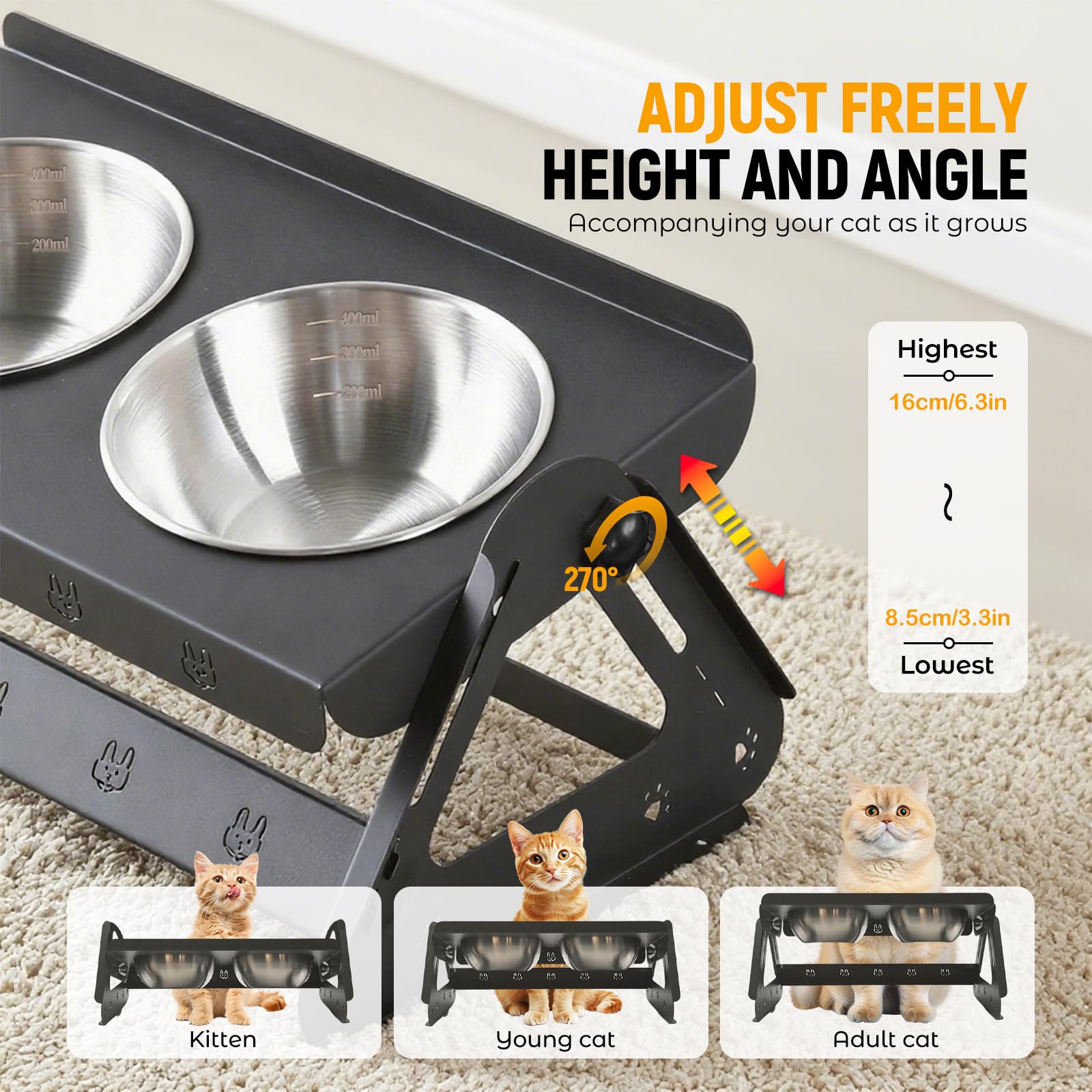 Comedero Gato Elevado,Comedero para Gatos Acero Inoxidable,Cuencos para Gatos Ángulo Ajustable de 0 a 15 Grados,Altura Ajustable de 8,5 a 16 cm,Apto para Gato y Perros Pequeños
