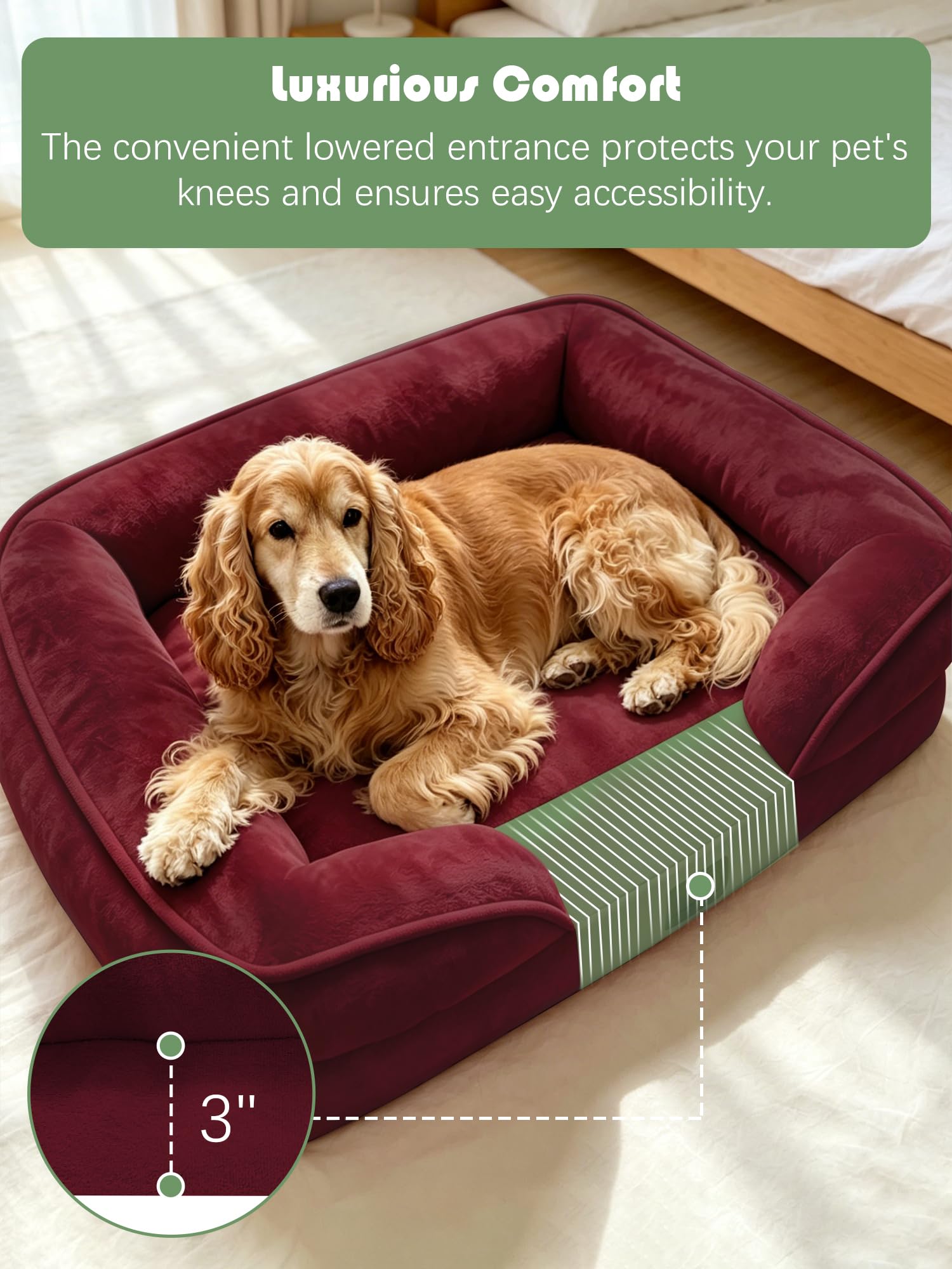 Spotted Play Orthopedic Dog Bed with Sides - Sofa Beds for Large Dogs, Supportive Foam Pet Couch Bed with Washable Removable Cover, Waterproof Lining and Non-Slip Bottom, Burgundy - L view 3