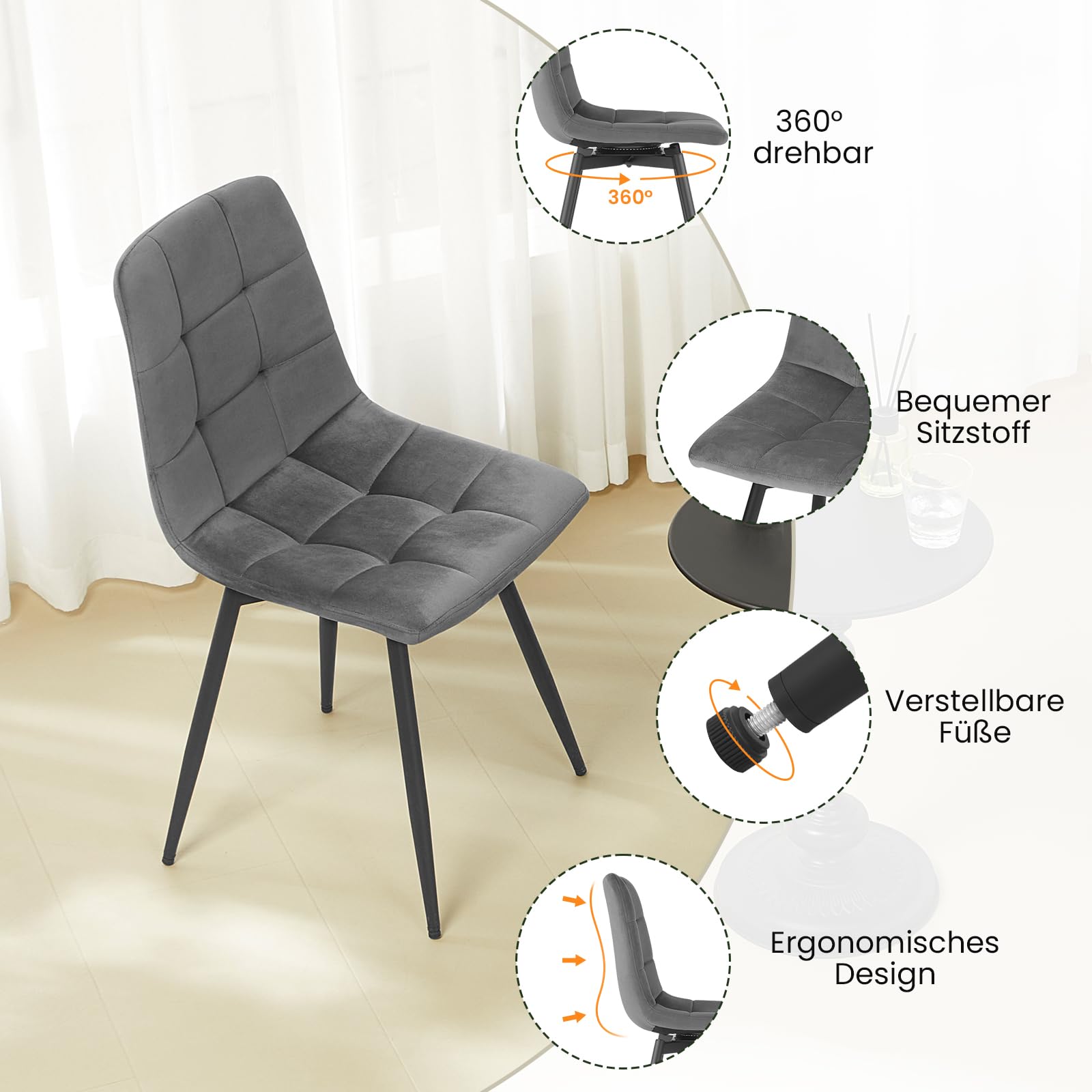 EUGAD Esszimmerstühle drehbar 4er Set, für Esszimmer Küche Wohnzimmer, Küchenstühle gepolstert mit Rückenlehne Samtbezug, mit Metallbeinen, 150 kg belastbar, Dunkelgrau